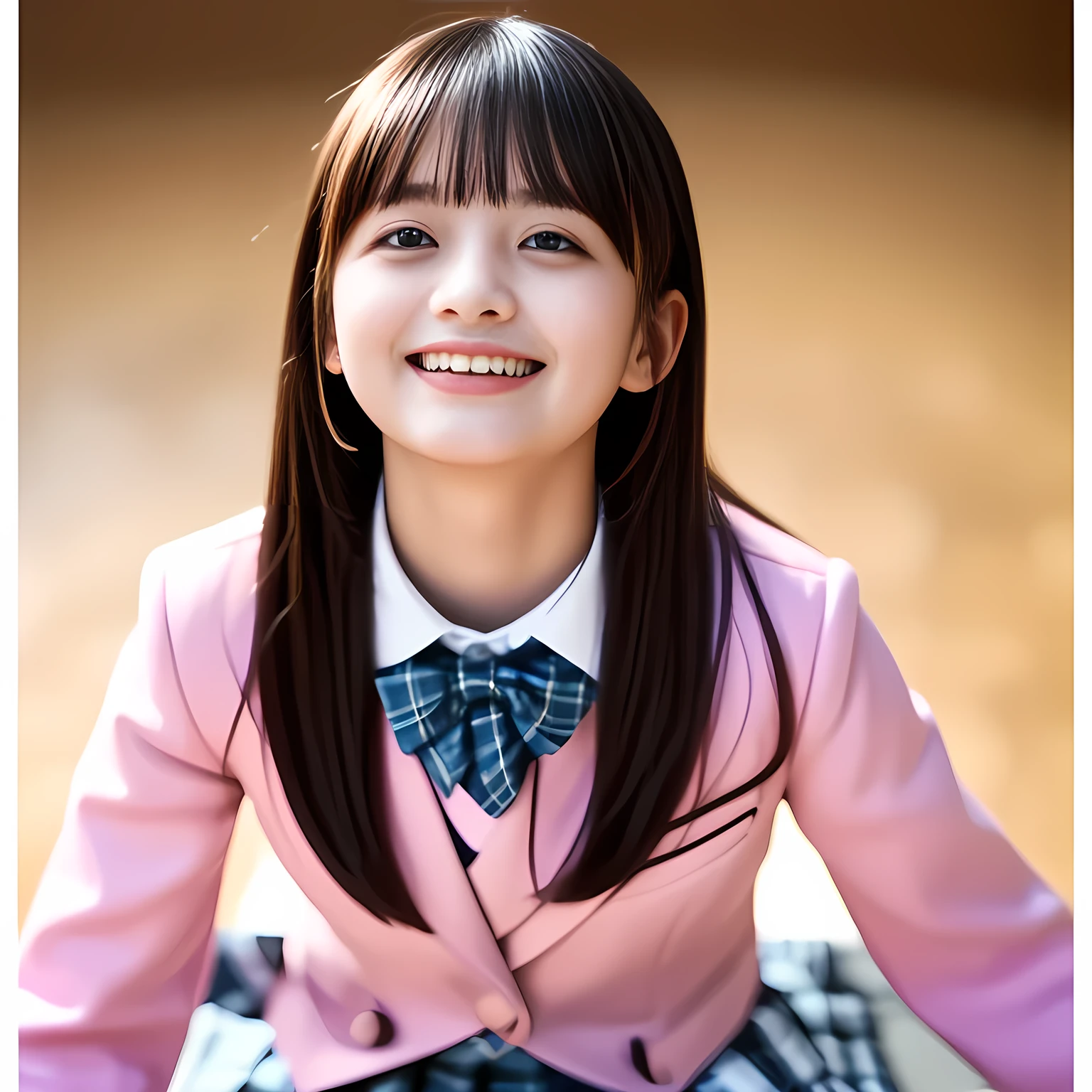 (Highest quality, masterpiece:1.2), Highest quality, High resolution, 1080P, 8k, height: 158cm, (Noble, Japanese **** mysterious hypnotist is seated on a pink flat floor and smiling directly at me in school uniform, Looking up at me deeply, Hypnotizing me: 1.8), looking me, well-grown breast and plump body, (well arranged, balanced, neat glossy straight very long hair), (Half-closed, Looking up to me, Very sleepy, Double-deep-eyelids, completely balanced, brown large large dreaming Japanese **** eyes with detailed beautifully: 1.6), (Glossy lips: 1.8), (high nose: 1.2), (Rich and long bottom-eye-slashes), (Drives me crazy for her navy-colored neat tartan checkered blue skirts and make me fall into her navy-colored plaid-print pleats skirt: 1.4), (Fine white face that looks like she has never been out of home: 1.6), (Navy colored school uniform blazer: 1.6), (Navy pleated plaid skirt: 1.5), (Plain-red school ribbon on the breast), (Complete plain pink background: 1.8), (Girl whom everyone loves because of her beauty and neat school fashion and noble manner and magic-charm of succubus: 1.7), full body shot, (jolly face expression), (evenly cut curled glossy rich beautiful bangs: 1.6), White light hitting my face, (Very very large, dreamy, Adorable eyes, Looking deeply at me: 1.5), 