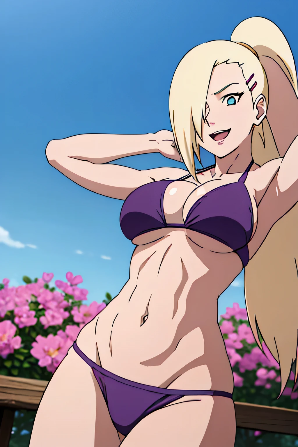 ((((wearing purple bikini))))),(((((Large breast))))) Ino yamanaka, looking at the viewer, gorgeous, attractive, groin, cowboy shot, ultra detailed face, sunny day, day time, upper body view, anime style, solo, detailed flower field, blonde, (focus on face), ((one eye covered with hair, hair over eye)), large breasts, belly button, looking at the viewer, sexy arms, (off-shoulders, small shoulders, curving body), hidden eye, smile, open mouth, very happy, tall, hair clip, sharp look, sharp face, sharp eye, cold colors, (Detailed eyes ) (detailed hair)