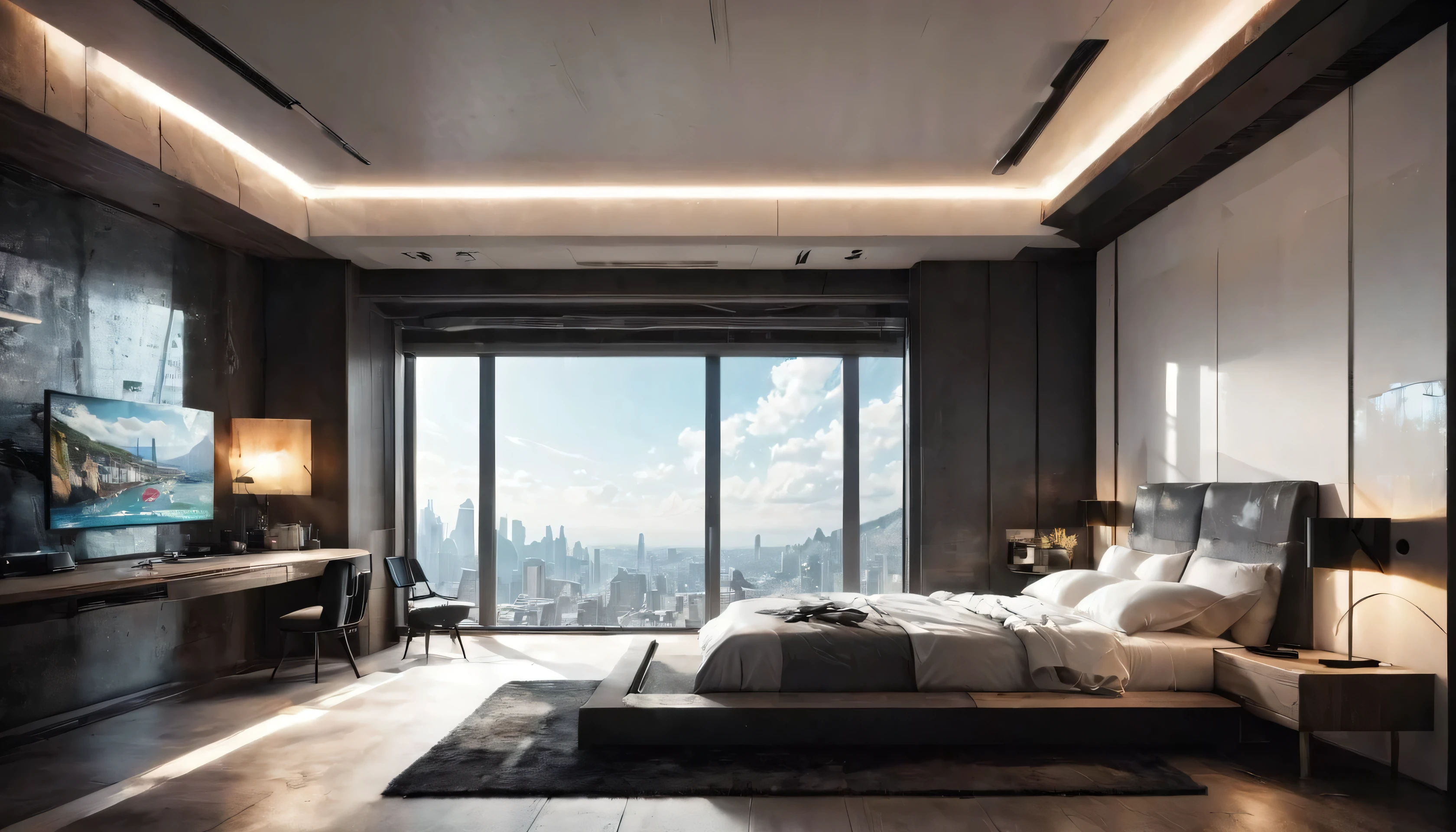 Exotic Room、Realistic、Real、Realistic、Ultra-luxury accommodation((White wall、Striped Blocks))、(((Luxury Bed))),Large windows、Futuristic、Interior、Designer Room、Exotic Room and Furniture(table,shelf), Wall-mounted TV、(ultra-Detailed Background, Detailed Background), Absurd, High resolution, Super detailed, Very detailed,Outside the window is a cliff view、Like the real thing、8k、Light and Shadow