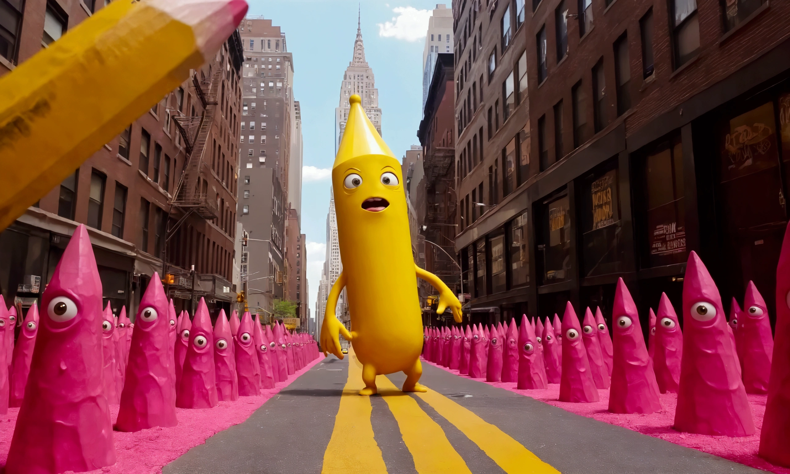 A gigantic pencil (yellow, no. 2, pink eraser) lands in New York city, doors open near its base and ramps descend from which thousands of pencil alien warriors pour ot and invade the city