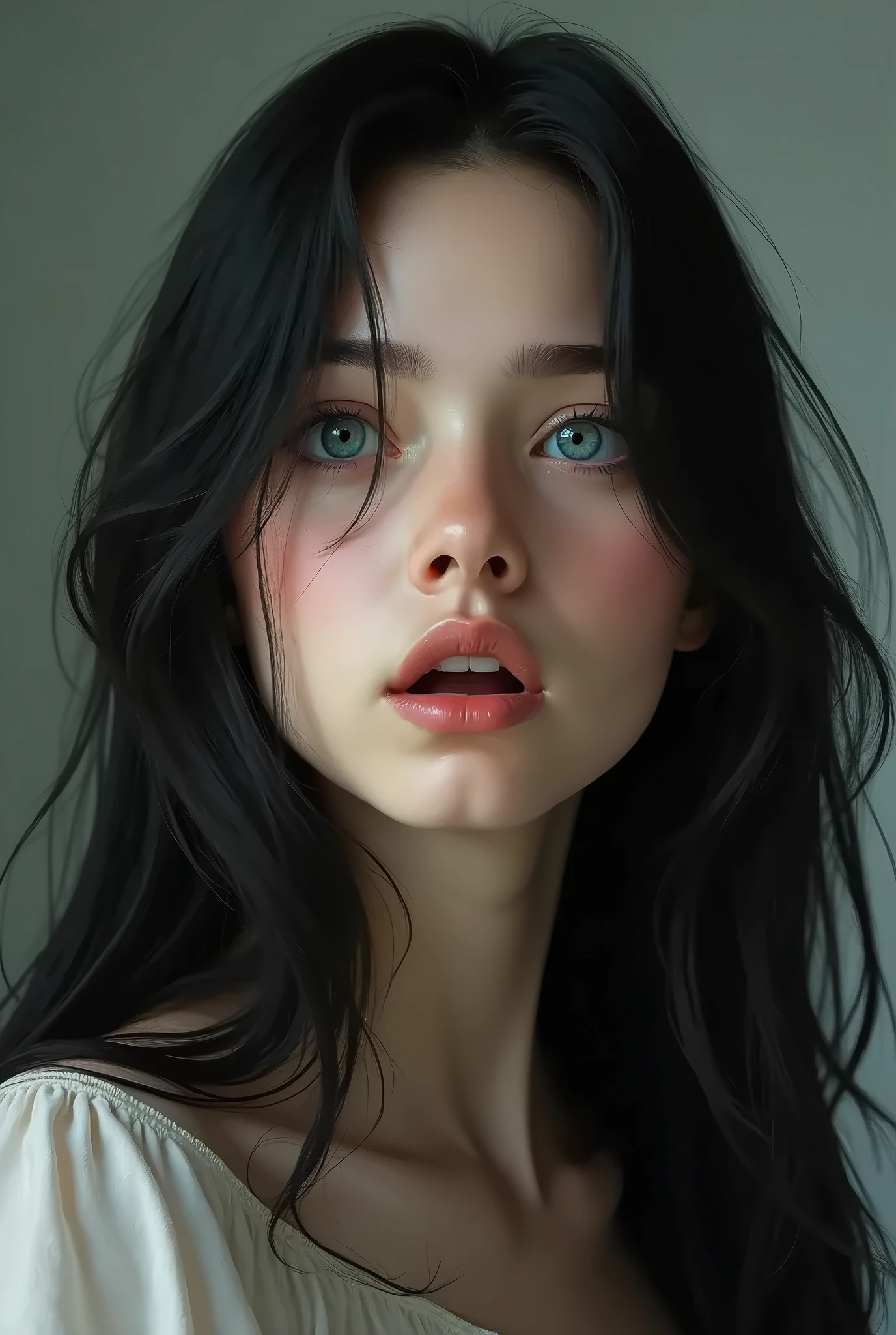 A close up of a woman with long black hair and blue eyes - SeaArt AI