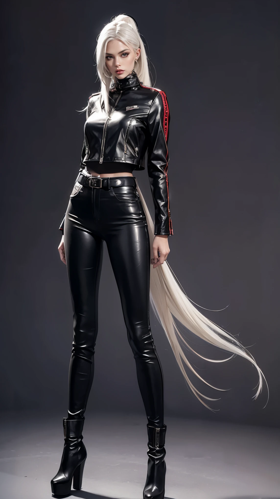 masterpiece, Top quality, RAW Photo, Highest Quality Image, 16K, White hair. Porcelain skin. Beautiful expressive eyes. Sweet and beautiful face. Fantasy clothing. Fantasy world. Black and white clothes. A slender girl in black leather trousers, armor, shoulder pads and comfortable beautiful clothes. Leather boots. Full length from head to toe. Prominent shoes and boots.