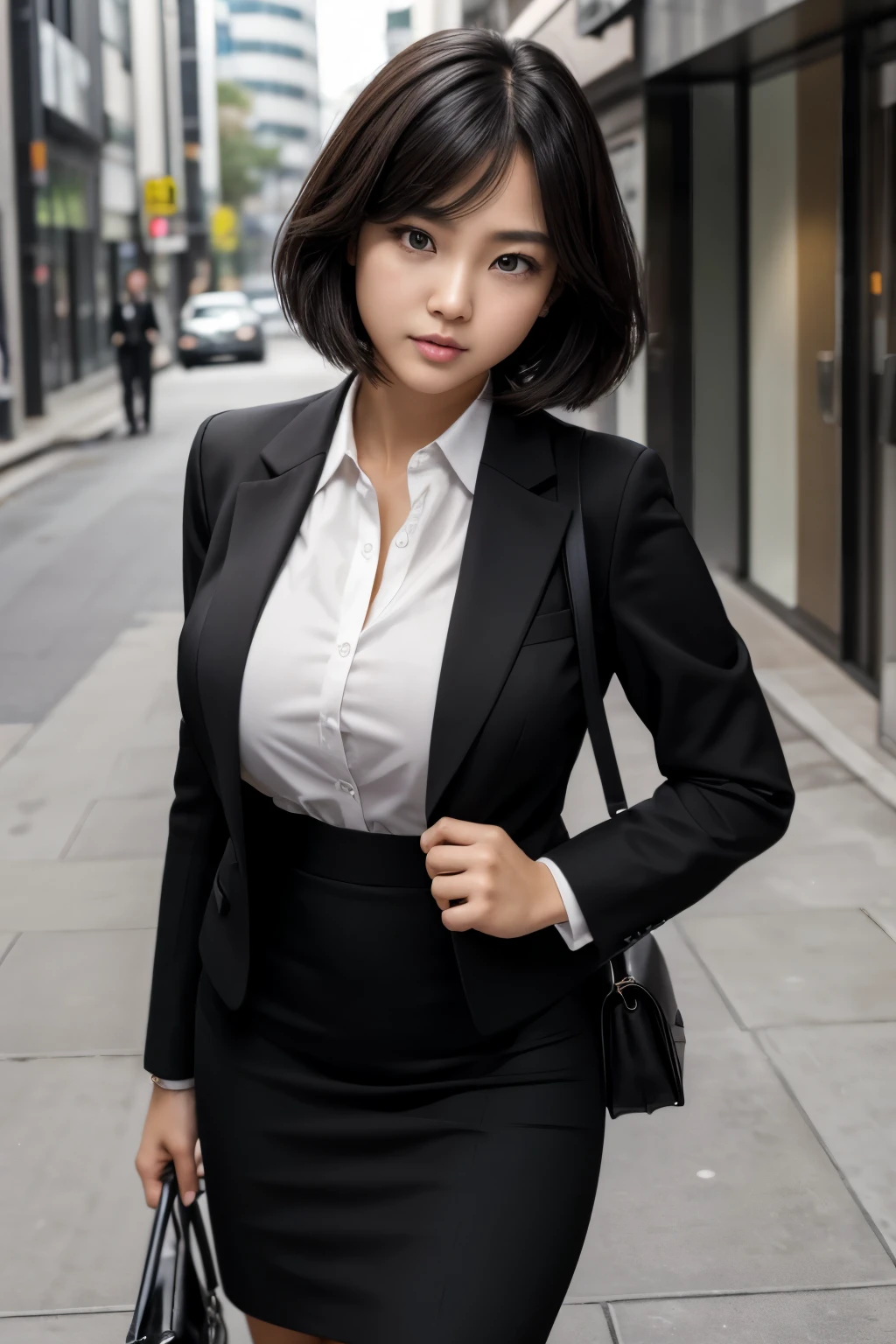 A composition that captures the whole body from behind（1st from the bottom.5）、A young Japanese female new employee walking down the street、Black business suit set（Black jacket、blouse、Black pencil skirt、I have a business bag）Arrogant look（anger、Glaring and condescending、Single eyelid、big, Narrow eyes、Brown eyes、厚い and full lips、firm jaws）、Cheeky、Black short bob、baby face、Big Breasts, Young face