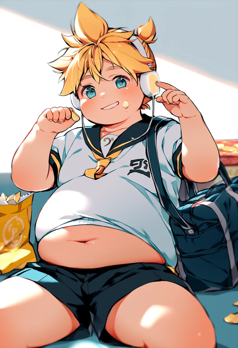 boy, (fat male teenager), (Kagamine Len), (cute), severely obese, chubby cheek, fat rolls, school uniform, earphone, (chubby), (plump), (belly spill over the shorts), sitting on a soft mat in a room, belly button exposed, smiling, food on face, opening a bag of chips