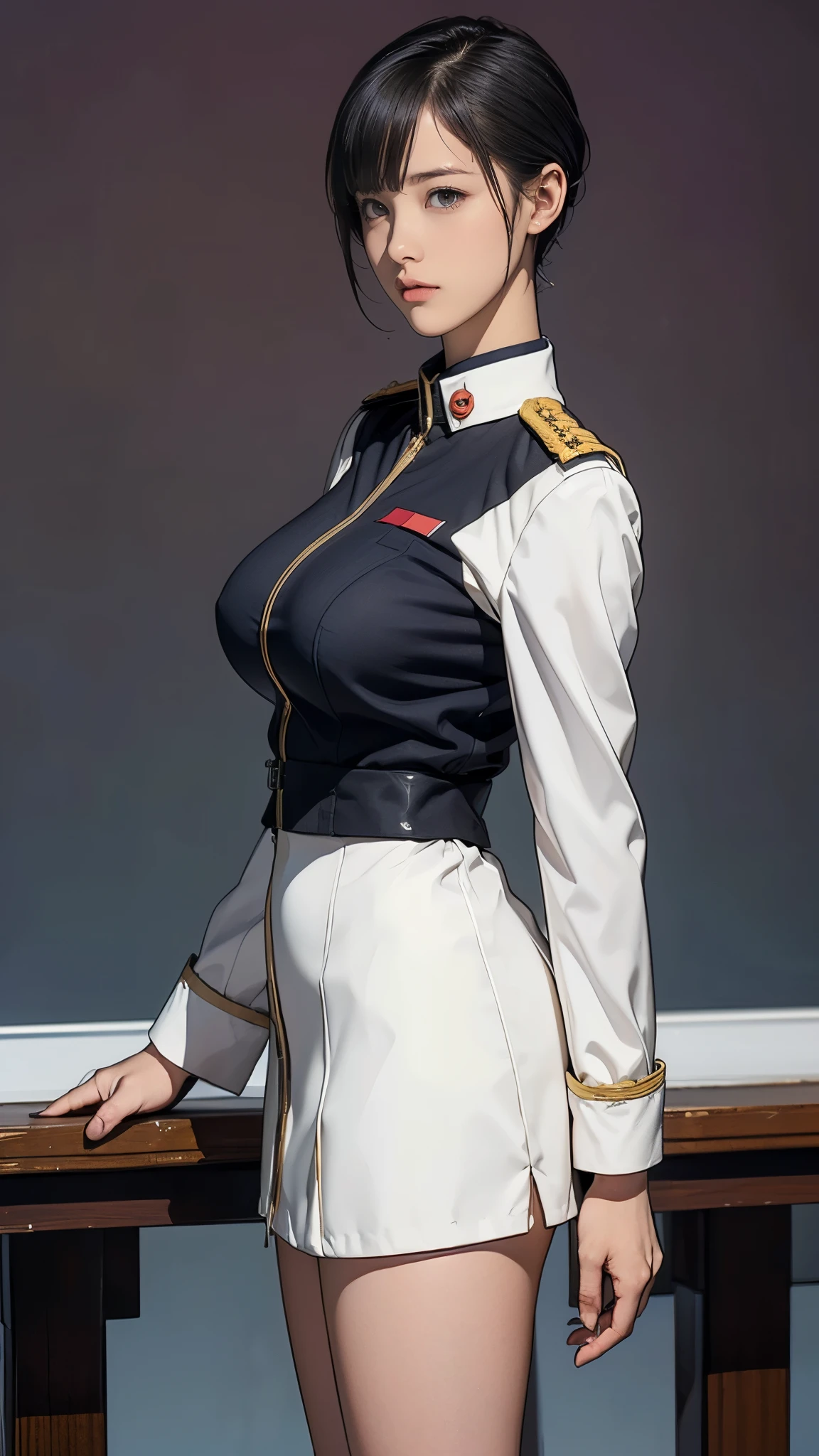 woman, large breast, white military uniform, white coat on shoulder, deep rich black hair, dark blue tie, high ponytail, detemine look, lustful eyes,