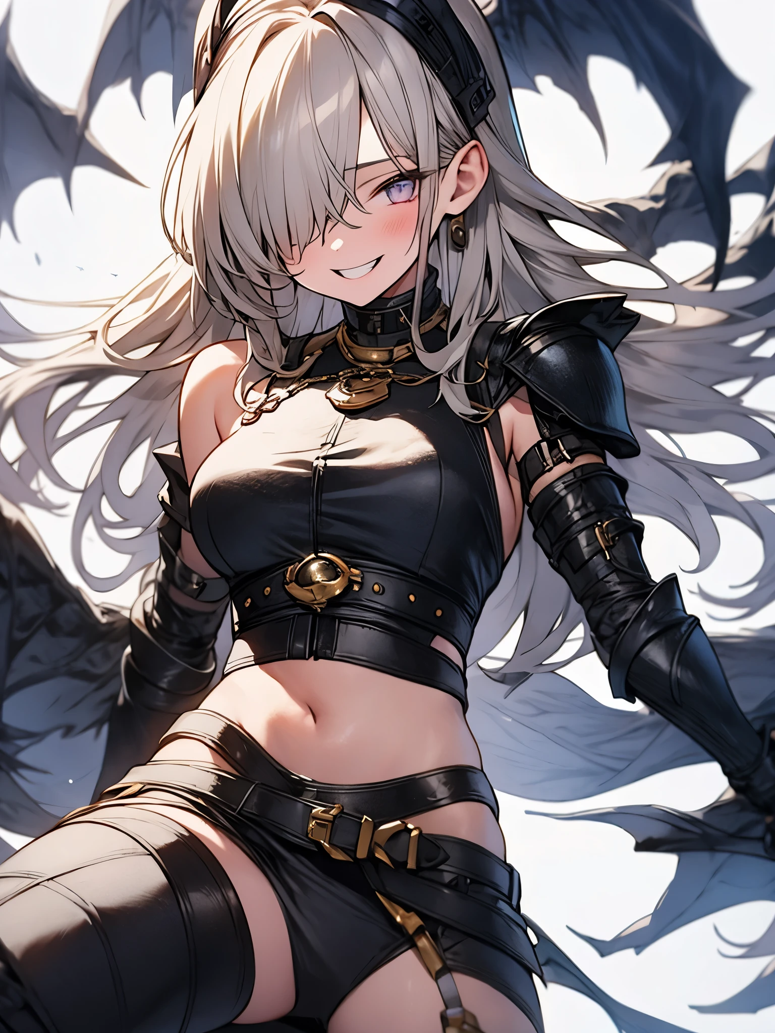 fantasy, 1girl,young_teen, ,silver_hair, long_hair, long_bangs, bare_shoulder,thighhighs,silver_armor, waist_armor, large_breasts,half_eyes,floating, bare_crotch, headgear,gauntlet, greaves,city_background,slightly_spread_legs, solo, groin_naked,(hair_over_one_eye:1.4), lean back,open_legs,closed_mouth,smile