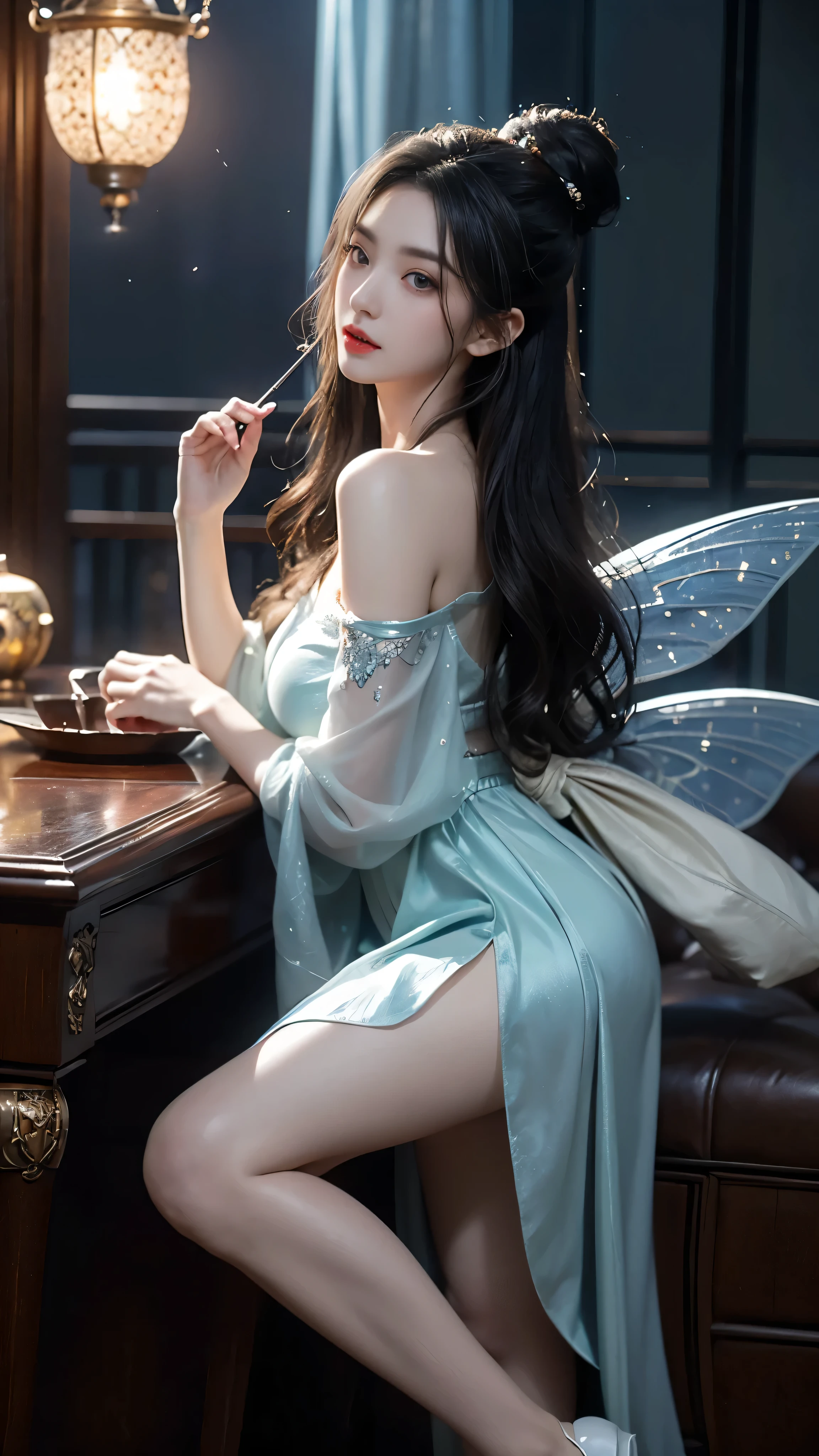 (masterpiece, best quality:1.2), 1girl, alone, ((off shoulder clothes)), ((night)), lantern, Candle light, In the depths of Wonderland,The moonlight falls like water,foggy room,The figure of the heroine is vaguely visible,Just like the fairy in the painting,Slender sexy legs,Very nice legs,Leaking sexy legs,Big breasts,Beautiful with a hint of mystery。Her face is beautiful and delicate,Like finely carved jade,Showing otherworldly beauty。The eyebrows are picturesque,The waves in my eyes are like twinkling stars,Show the light of perseverance and wisdom。The bridge of the nose is straight,Lip color like cherry,The slightly raised corners of the mouth reveal confidence and calmness。Her face is well defined,The skin is as fair as jade,Reveals a healthy glow,Just like a fairy, she never eats fireworks in the world。Her makeup is light and delicate,Not too much embellishment,But enough to show her temperament and charm。Light-colored foundation brings out the transparency of the skin,A light eyebrow pencil outlines her perfect eyebrow shape,Eye makeup is eye shadow and eyeliner,Make her eyes brighter and more energetic。Lips painted with grace's lipstick,Adds a bit of charm and sophistication。Her clothes are graceful and chic,Clothes flutter,It seems like it will be blown up by the wind at any time,drifting into the distance。Without Losing Grace,Also showed her extraordinary skills。Rocking with her movements。Her hair is tied back casually,Secure it with a hosta,A few strands of hair are fluttering gently in the wind,Adds a bit of softness。Her figure is looming in the fairyland,Like a big breastsbeautiful landscape,attracted everyone's attention。She seems to be a fairy in wonderland,big breastsbeautiful、grace、mystery、and full of power。
