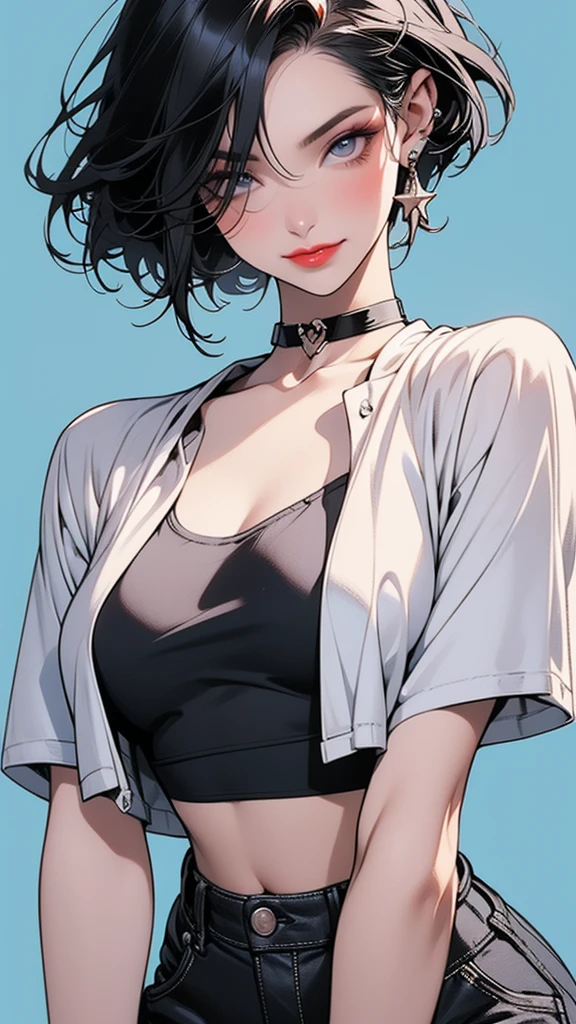 Amazing cowboy shot of a sexy woman wearing her black bob cut hair, seductively gazing and smiling, soft lips, blushing intensely, white tank top, panties , medium chest, perfect body, simple background, Nicole man