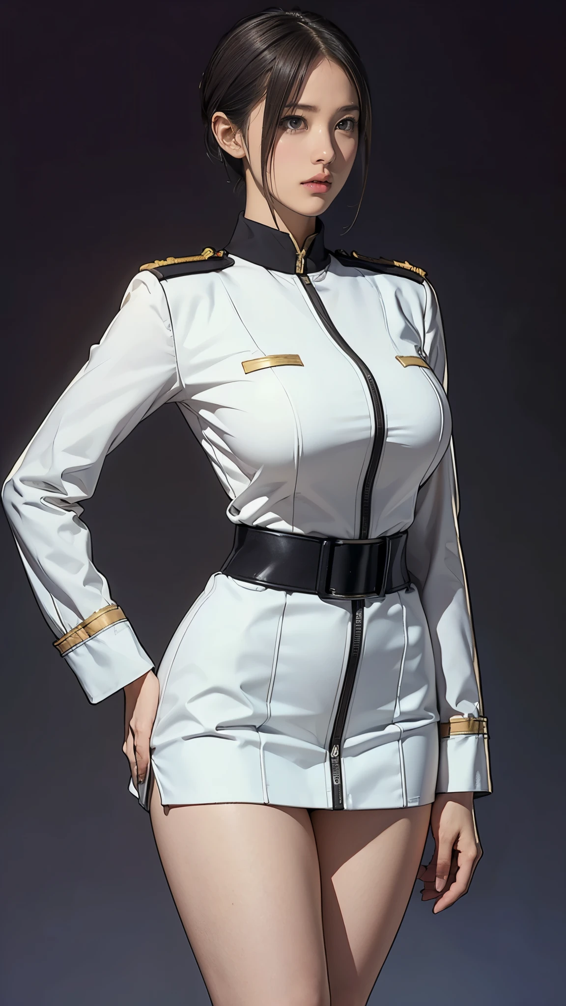 Earth Federation Operator Girl Soldier、Side view, Black short hair、(Very thin:1.5, Delicate)、Accurately drawn faces、thin、(Saggy breasts:1.5), Earth Federation military uniform、White uniform、mini skirt、(A tight fitting uniform:1.3)、Inside the bridge of a battleship、Anatomically correct、Accurate Fingers、Accurate Rimbuster Piece、Photorealization