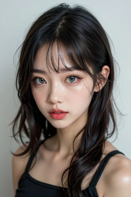 Realistic portrait photography of a woman with long hair and perfect face,Accurately depict the top of the head、Big Mouth,Moisturized lips、Thick, plump and shiny lips with a clear lip balm、neck vain,Wearing a sports bra、Halloween Colors