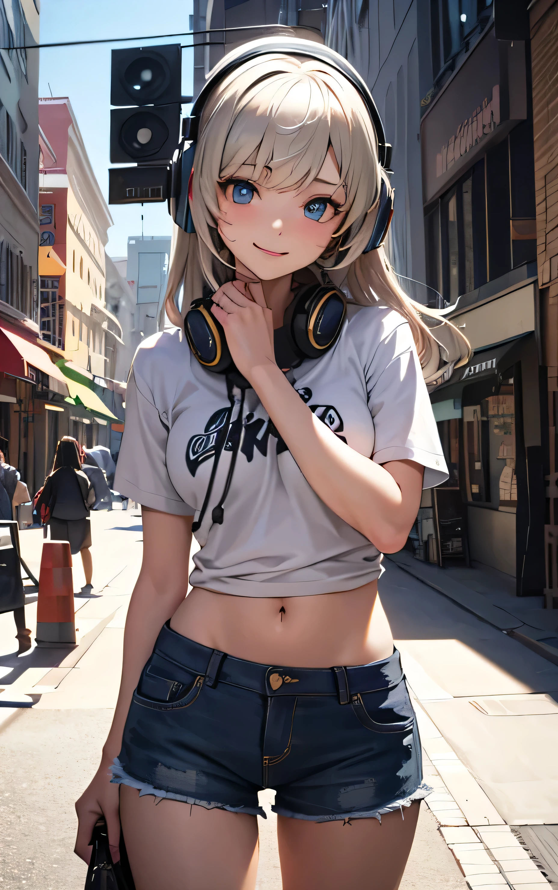 (masterpiece), (Artwork), (great work), (Detailed eyes), (Delicate skin), (heterochromatic eyes), (Multicolor), One girl, solo, Looking at the audience, winter, Cowboy Shot, (Downtown), Cowboy Shot, smile, A girl wearing headphones is staring at the wall, Highly detailed face and eyes, Medium length hair, All the colors have deepened, paint, Graffiti art, Center Configuration, Highly detailed lights and shadows,