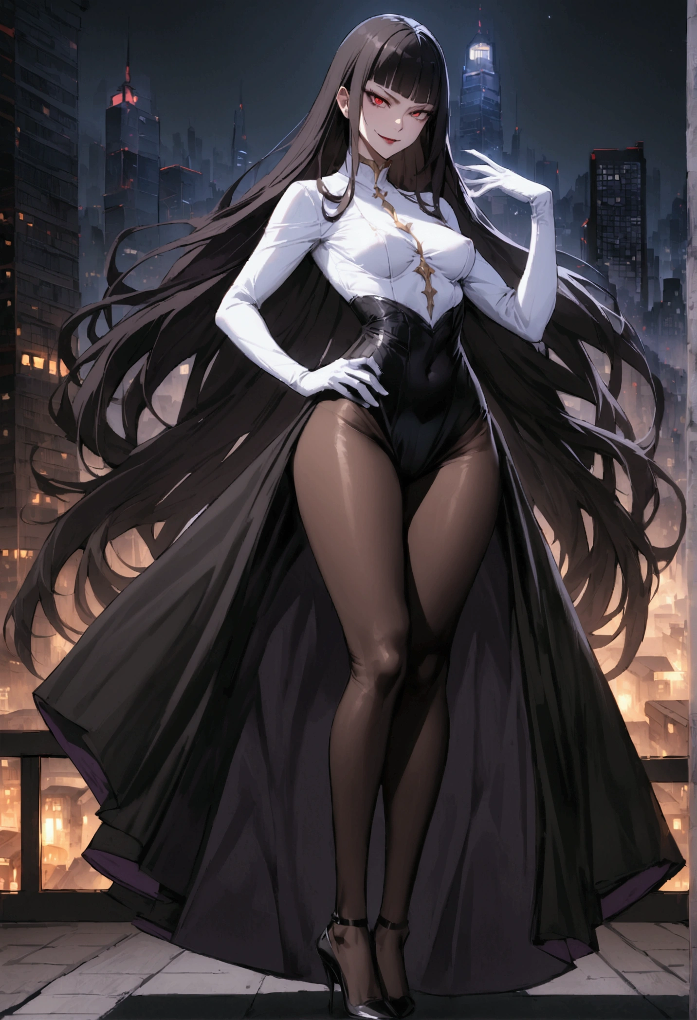 Sensual,highly detailed,work of art ,thin ,linda,tight white shirt,medium breasts,beautiful woman ,wearing long black nylon,black high heels ,long hair with black bangs with purple details and red eyes,evil smile,whole body,pose sexy,white gloves,city at night,nylon black, thin
