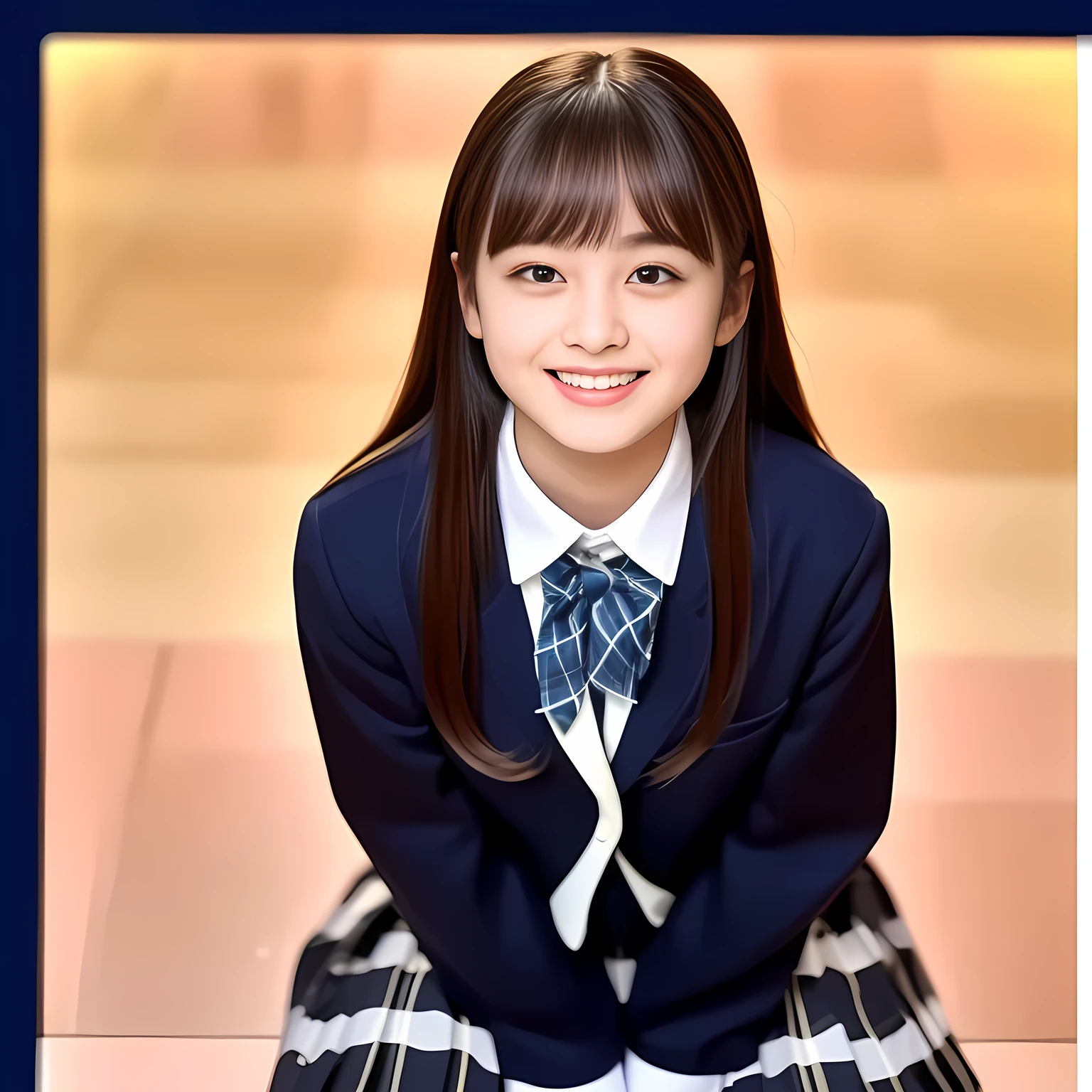 (Highest quality, masterpiece:1.2), Highest quality, High resolution, 1080P, 8k, height: 158cm, (Noble, Japanese **** mysterious hypnotist is seated on a pink flat floor and smiling directly at me in black school uniform, Looking up at me deeply, Hypnotizing me: 1.8), looking me, well-grown breast and plump body, (well arranged, balanced, neat glossy straight very long hair), (Half-closed, Looking up to me, Very sleepy, Double-deep-eyelids, completely balanced, brown large large dreaming Japanese **** eyes with detailed beautifully: 1.6), (Glossy lips: 1.8), (high nose: 1.2), (Rich and long bottom-eye-slashes), (Drives me crazy for her navy-colored neat tartan checkered blue skirts and make me fall into her navy-colored plaid-print pleats skirt: 1.4), (Fine white face that looks like she has never been out of home: 1.6), (Navy colored school uniform blazer: 1.6), (Navy pleated plaid skirt: 1.5), (Plain-red school ribbon on the breast), (Complete plain pink background: 1.8), (Girl whom everyone loves because of her beauty and neat school fashion and noble manner and magic-charm of succubus: 1.7), (Full body shot from the side), (jolly face expression), (evenly cut curled glossy rich beautiful bangs: 1.6), White light hitting my face, (Very very large, dreamy, Adorable eyes, Looking deeply at me: 1.5), 