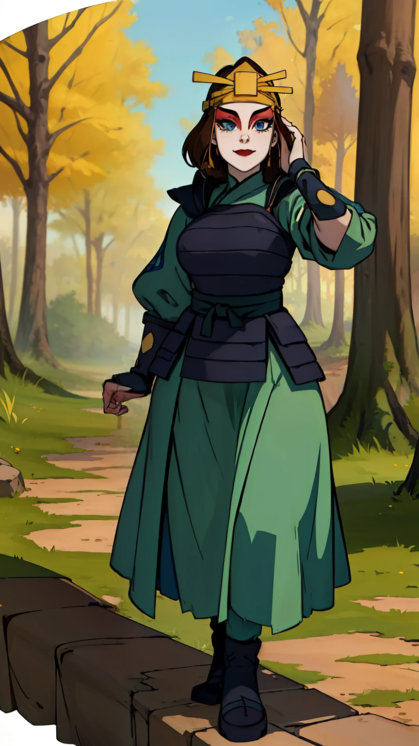 (masterpiece, best quality, high resolution: 1.4), 1 woman, front, tall woman, black armor, black breastplate, modest and modest, black boots, large green ankle-length skirt, hourglass shape, fully clothed, kind gesture, black gloves, green dress, (masterpiece), (best quality), (ultra high resolution), (features): 1.4) Detailed face, rocks, trees, plants, brown hair, blue eyes, kyoshi warrior, makeup , lipstick, golden headband, smile, look at viewer, masterpiece, best quality, high quality, extremely detailed CG unity 8k wallpaper, digital illustration, trends, pastel colors, perfect fingers, perfect full body, extremely detailed.