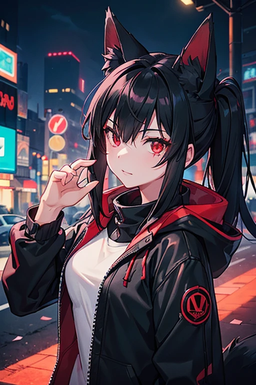 (masterpiece、highest quality、Super detailed)、One girl、Black Hair、twintails、Red eyes、evil smile、((Grin))、Small breasts、((black hoodie))、((black pantyhose))、Cowboy Shot、Night city background