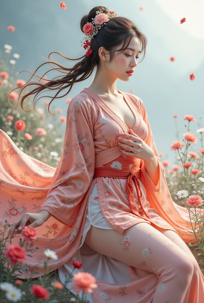 Beautiful dance pose, She gently lifted her skirt with one hand,头发周围有白色的Butterfly兰，Lilac dendrobium、White Lily, Long legs , Deep in Wonderland, ((Flowing long hair))Official Art , Unity8k Wallpaper , Extremely detailed , Visible cleavage, Pretty and beautiful , 性感Long legs, masterpiece , best quality ,Practical, Very detailed illustrations ,Extremely detailed , Intricate details , Extremely complex and detailed , Very detailed 8KCG wallpaper , Caustics .reflection , Ray Tracing , Devil theme ,nebula ,Dark aura, Network Effects , (1 girl)solitary , 小蓝Butterfly , (Blue plasma flame , (insect , Butterfly)) Pastel tones in Rococo style ,Light white and light dark red , Incredibly beautiful , Cherry blossoms , Surrealism ,painting , Ethereal , Mixing reality and fantasy elements ,Ray Tracing , Complex Mode , Exquisite lines , Perfect your hands, Starry Sky , Colorful , Star