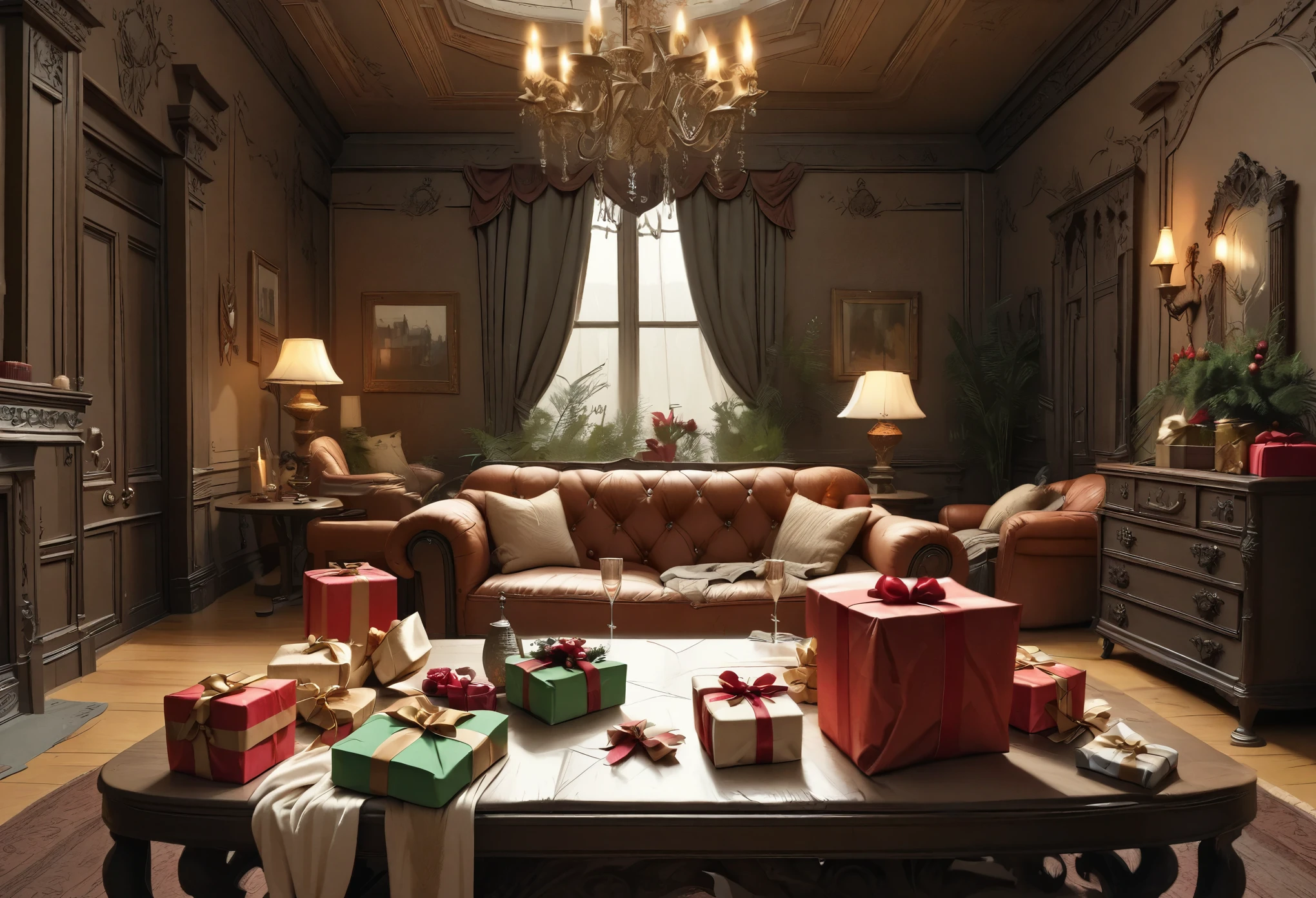  (((Background: Victorian Mansion))), ((living room)), (((Wrapped presents on table)))