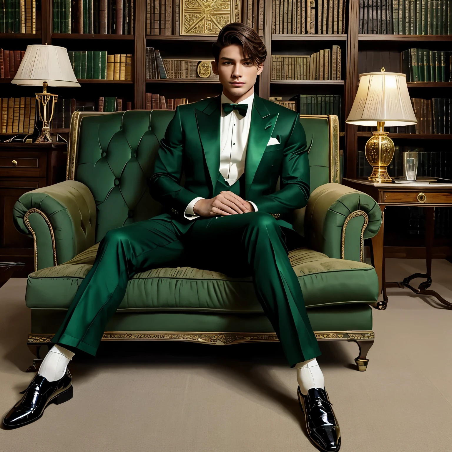 full length photo, of a beautiful andogynous prince in a emerald-green and black brocarde shiny suit, white shirt, looking perverse, brown preppy fine haircut, marvelous emerald green eyes, preppy undercut haircut, huge lips, dapper elegant black shoes, fine sheer white lace socks, lots of gold and emerald rings, necklaces, bracelets, sprawled on ancient comfortable armchair in ancient library, in ancient bretonnish manor, drinking whisky, arrogantly looking at us. 