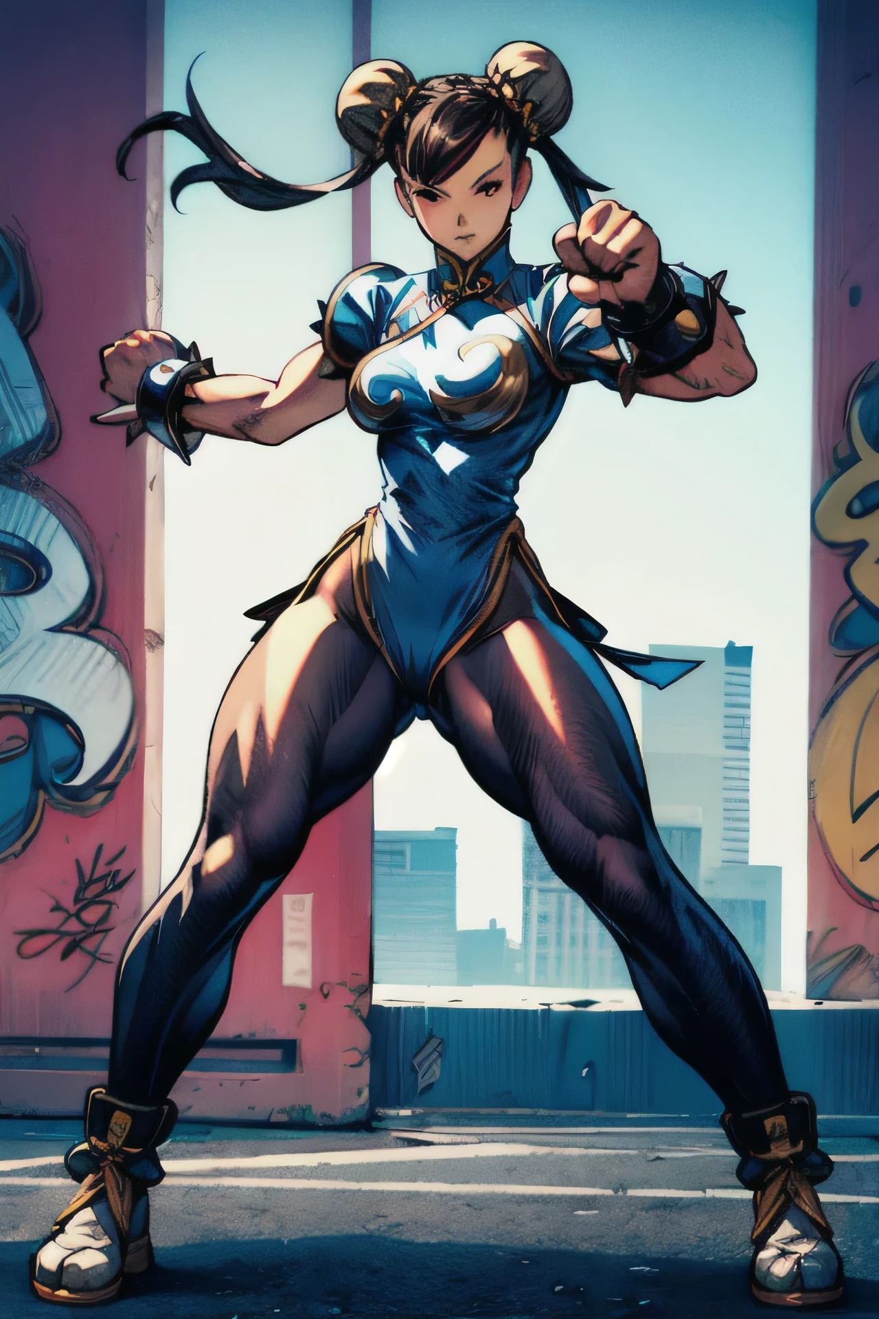 Chun Li, classic clothing, sexy, Graffiti, whole body, Kikoken, long black transparent stockings, anime, detailed, fighting stance.
