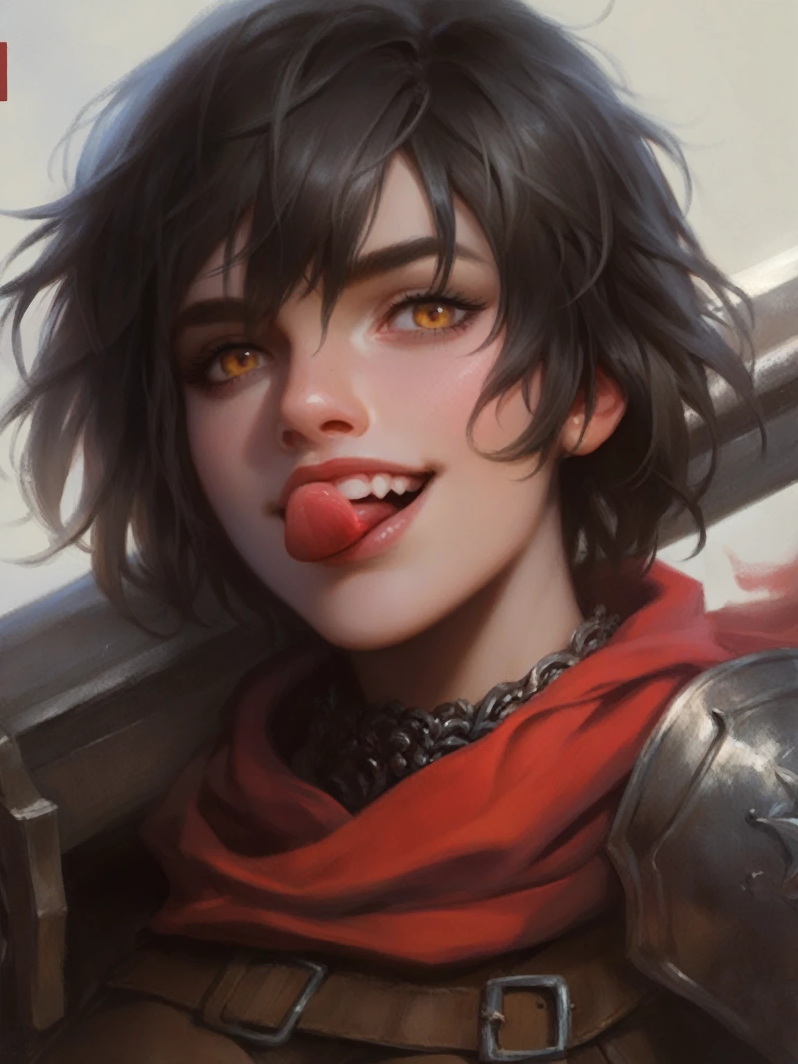 drawn a young woman, of average and athletic build, slightly muscular, short black hair, amber eyes almost golden, she wears light armor, a blood red scarf, a large and massive Berserker sword, close-up on her face, mocking and impertinent smile she sticks out her tongue. in a realistic style, oil painting, chiaroscuro