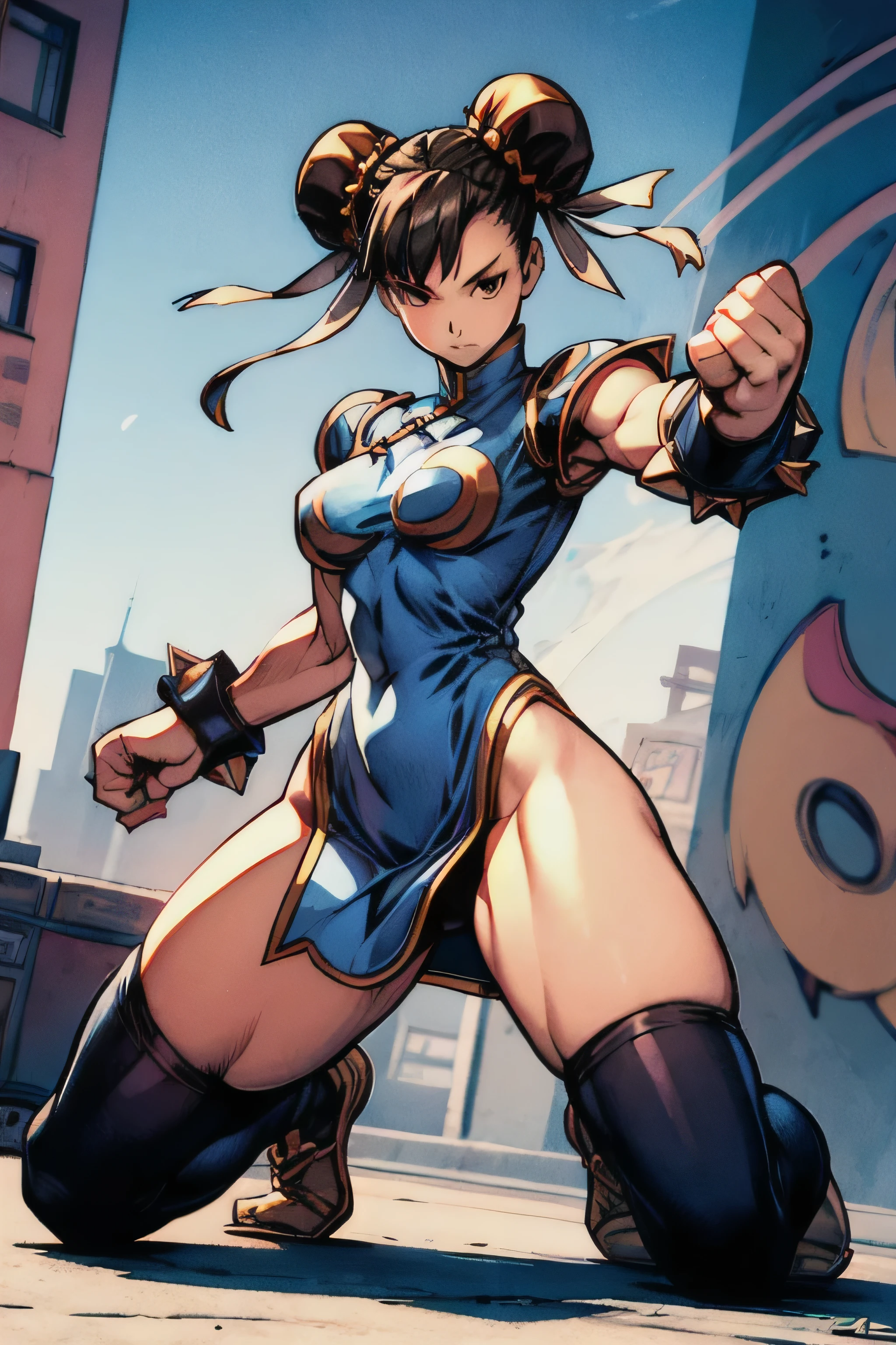 Chun Li, classic clothing, sexy, Graffiti, whole body, Kikoken, long black transparent stockings, anime, detailed, fighting stance.
