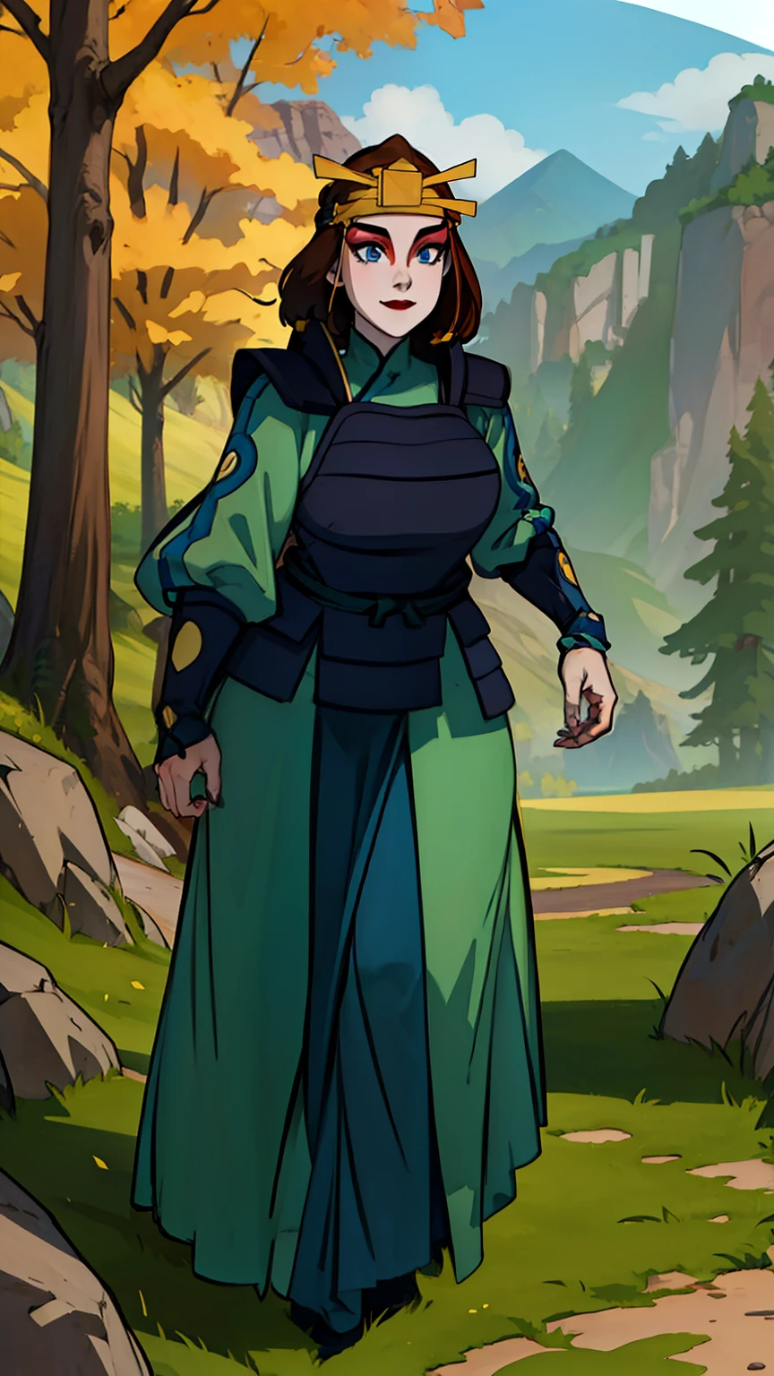 (masterpiece, best quality, high resolution: 1.4), 1 woman, dinamic pose, front, tall woman, black armor, black breastplate, modest and modest, Rives, mountains, black boots, large green ankle-length skirt, hourglass shape, fully clothed, kind gesture, black gloves, green dress, (masterpiece), (best quality), (ultra high resolution), (features): 1.4) Detailed face, rocks, trees, plants, brown hair, blue eyes, kyoshi warrior, makeup , lipstick, golden headband, smile, look at viewer, masterpiece, best quality, high quality, extremely detailed CG unity 8k wallpaper, digital illustration, trends, pastel colors, perfect fingers, perfect full body, extremely detailed.