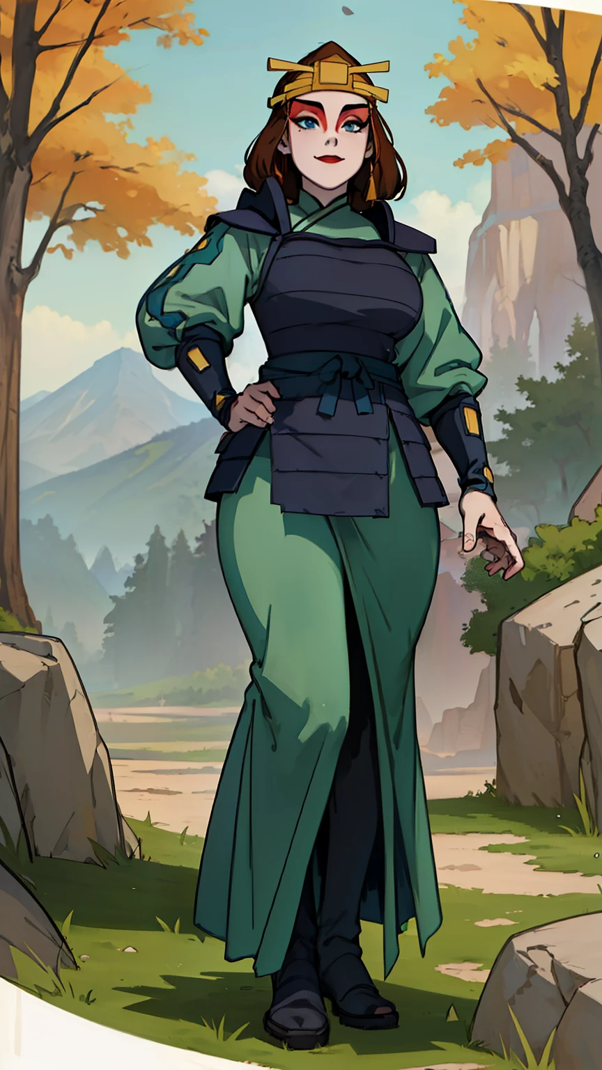 (masterpiece, best quality, high resolution: 1.4), 1 woman, dinamic pose, front, tall woman, black armor, black breastplate, modest and modest, Rives, mountains, black boots, large green ankle-length skirt, hourglass shape, fully clothed, kind gesture, black gloves, green dress, (masterpiece), (best quality), (ultra high resolution), (features): 1.4) Detailed face, rocks, trees, plants, brown hair, blue eyes, kyoshi warrior, makeup , lipstick, golden headband, smile, look at viewer, masterpiece, best quality, high quality, extremely detailed CG unity 8k wallpaper, digital illustration, trends, pastel colors, perfect fingers, perfect full body, extremely detailed.