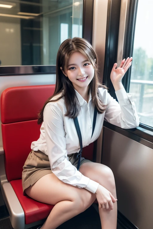 Best Quality, masterpiece, Ultra-high resolution, (reality: 1.4), Original photo, One Girl, Mature, White JK uniform, Happy smile, , Squatting on a train seat,  Cinema Lighting