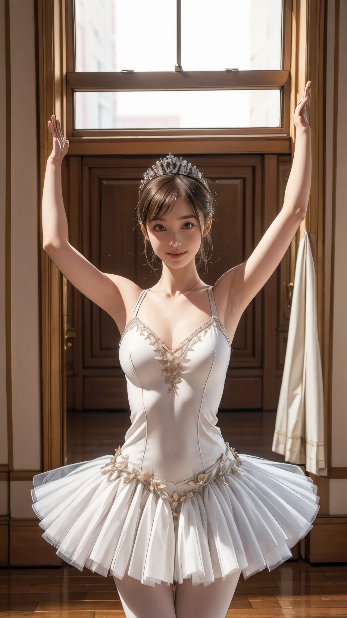最high quality, High resolution, Realistic, Perfect Anatomy, Very detailed, Detailed face, Detailed body, high quality, ((Raise your arms:1.5)), A kind smile, Ballet Dancer, (Very form fitting costume:1.4, Extremely thin fabric), Droopy eyes, pretty girl, Young Face, Beautiful breasts, ballerina, Very thin:1.5, Very thin waist:1.4, Sexy standing pose, Ballet Dance Room, ((Tutu, Tiara))