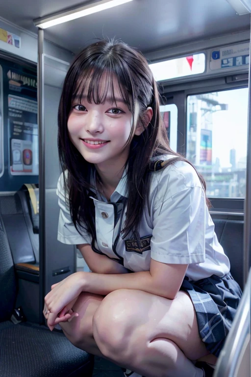 Best Quality, masterpiece, Ultra-high resolution, (reality: 1.4), Original photo, One Girl, Mature, White JK uniform, Happy smile, , Squatting on a train seat,  Cinema Lighting