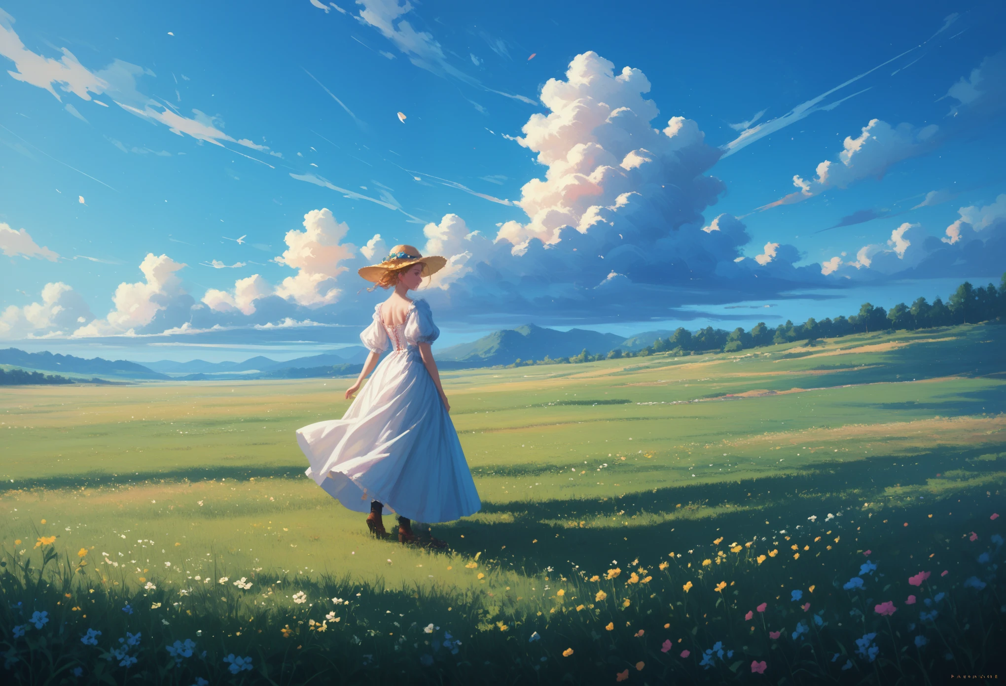  one color palette,monotonous Painting Masterpiece, Field and the Girl,score_9,score_8_up,score_7_up