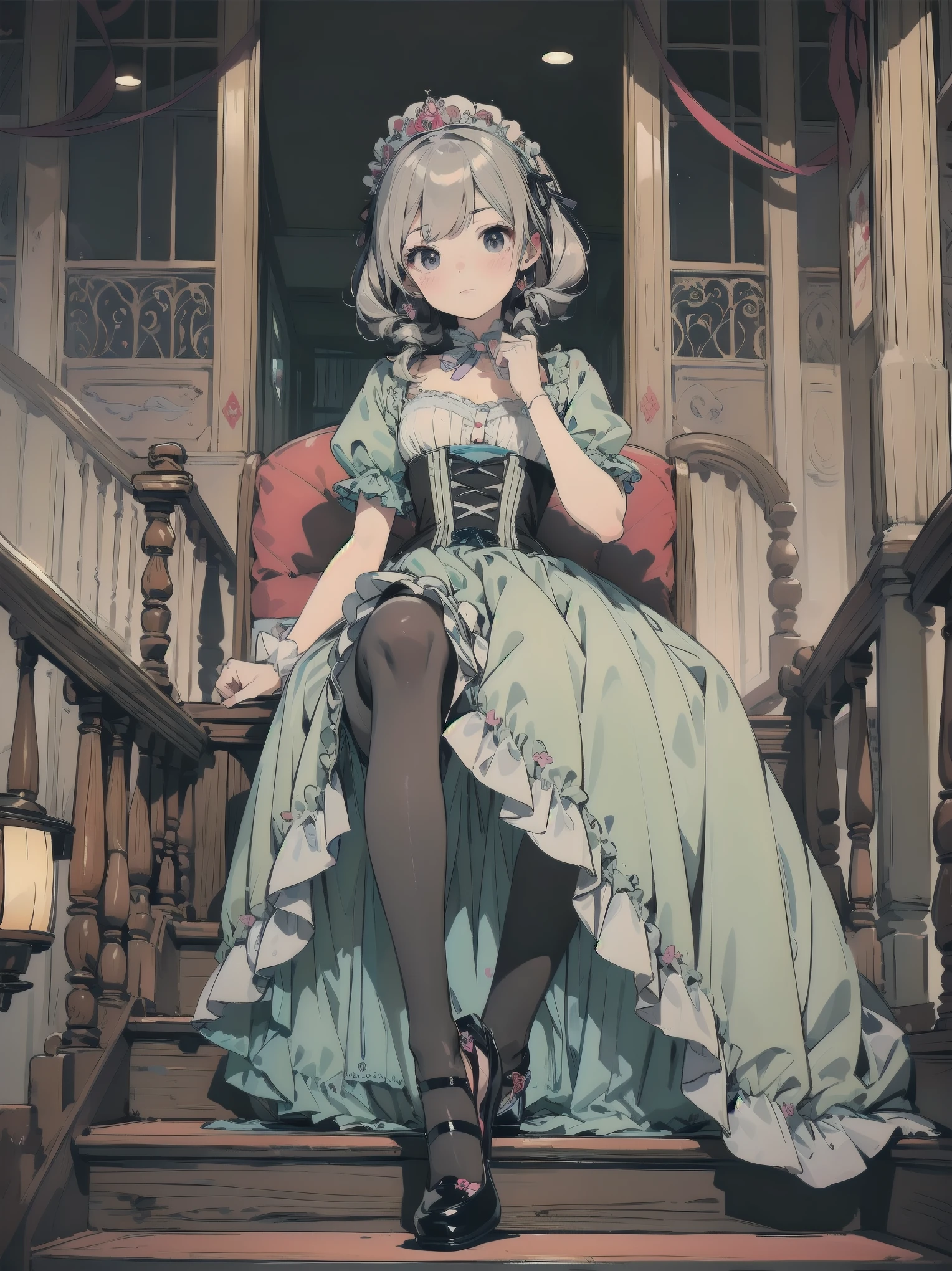 masterpiece, one person, very beautiful, cute, adorable, shy, one person, look at the viewer, look up, kawaii tech, pastel colors, very beautiful, cute, adorable, shy, less revealing pretty dress, ruffle, lace, ribbon, corset, black tights, Cinderella's shoes