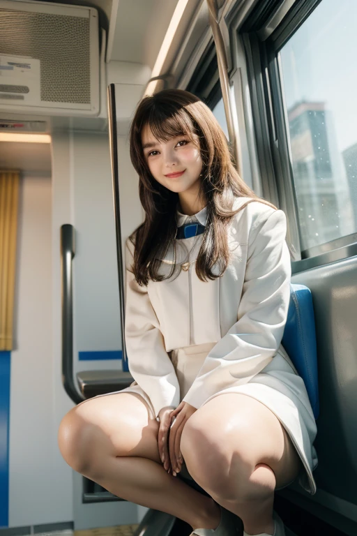 Best Quality, masterpiece, Ultra-high resolution, (reality: 1.4), Original photo, One Girl, Mature, White JK uniform, Happy smile, , Squatting on a train seat,  Cinema Lighting