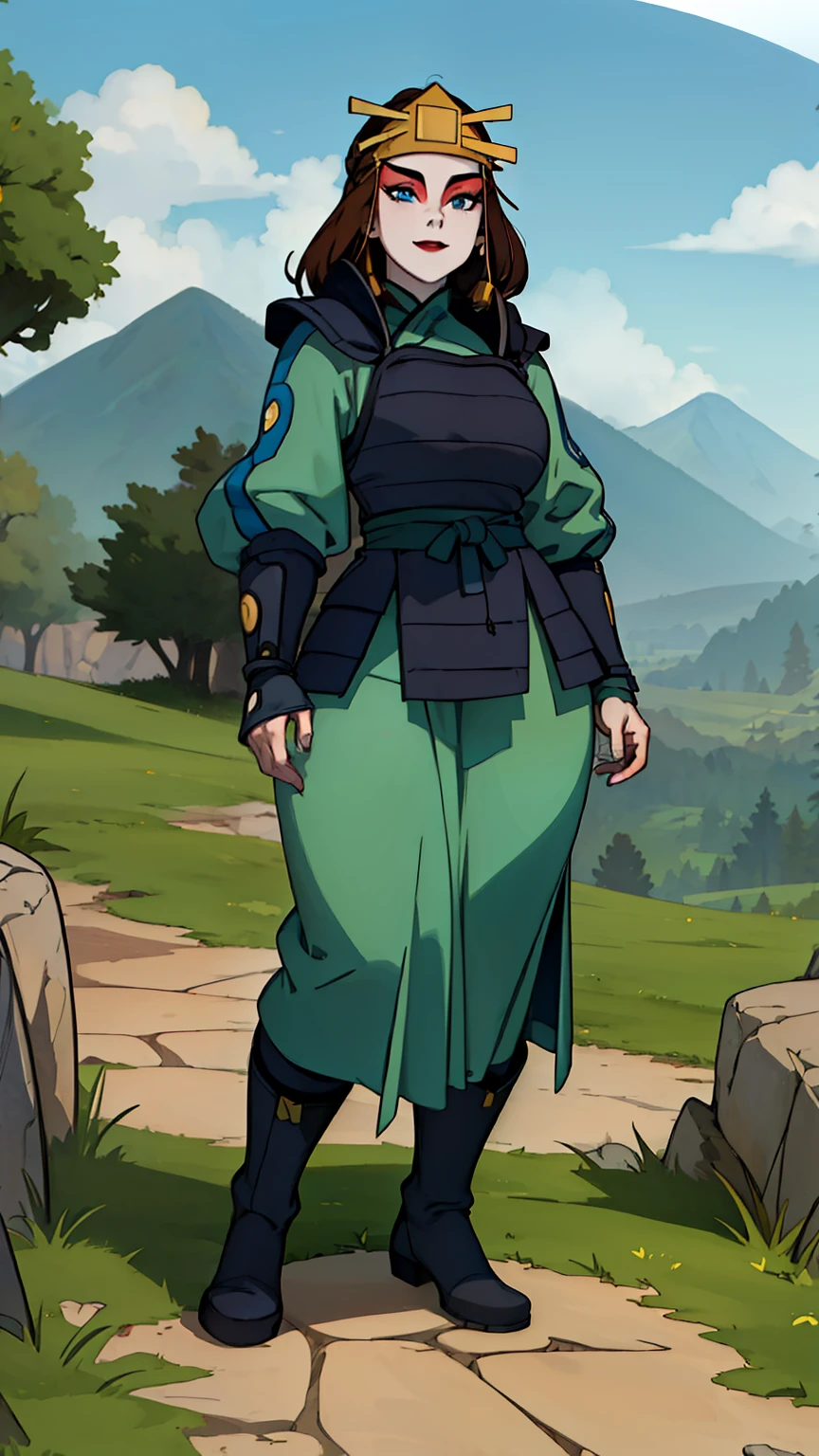 (masterpiece, best quality, high resolution: 1.4), 1 woman, dinamic pose, front, tall woman, black armor, black breastplate, modest and modest, Rives, mountains, black boots, large green ankle-length skirt, hourglass shape, fully clothed, kind gesture, black gloves, green dress, (masterpiece), (best quality), (ultra high resolution), (features): 1.4) Detailed face, rocks, trees, plants, brown hair, blue eyes, kyoshi warrior, makeup , lipstick, golden headband, smile, look at viewer, masterpiece, best quality, high quality, extremely detailed CG unity 8k wallpaper, digital illustration, trends, pastel colors, perfect fingers, perfect full body, extremely detailed.