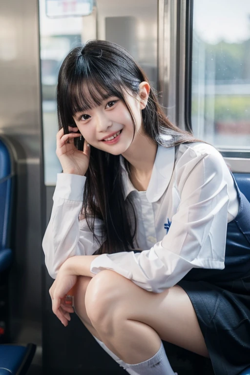 Best Quality, masterpiece, Ultra-high resolution, (reality: 1.4), Original photo, One Girl, Mature, White JK uniform, Happy smile, , Squatting on a train seat,  Cinema Lighting