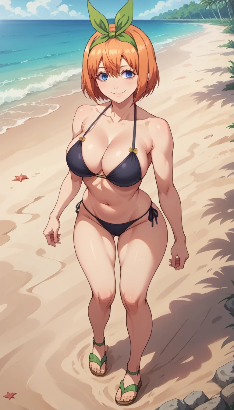 ultra-detailed, 1girl, mature female, yotsuba nakano, ((masterpiece)), (best quality), (highres), 16K, perfect face, bangs, short hair, blue eyes, hair between eyes, hair ribbon, hairband, orange hair, green ribbon, wearing black bikini, sandals, busty body, large breasts and a beautiful ass, showcasing cleavage, legs, hips, looking at viewer, smile, detailed full body, beach background