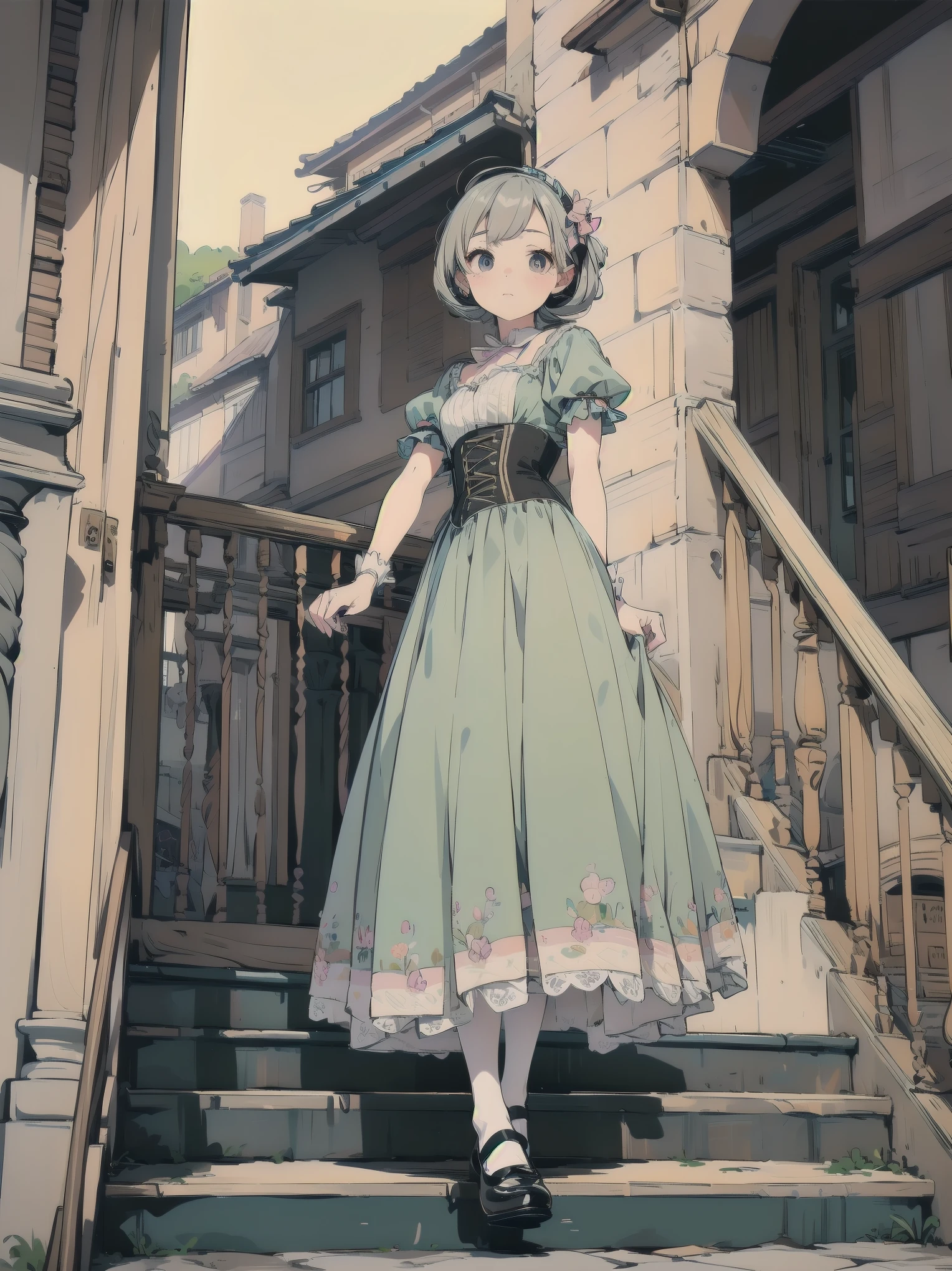 masterpiece, one person, very beautiful, cute, adorable, shy, one person, look at the viewer, look up, kawaii tech, pastel colors, very beautiful, cute, adorable, shy, less revealing pretty dress, ruffle, lace, ribbon, corset, black tights, Cinderella's shoes