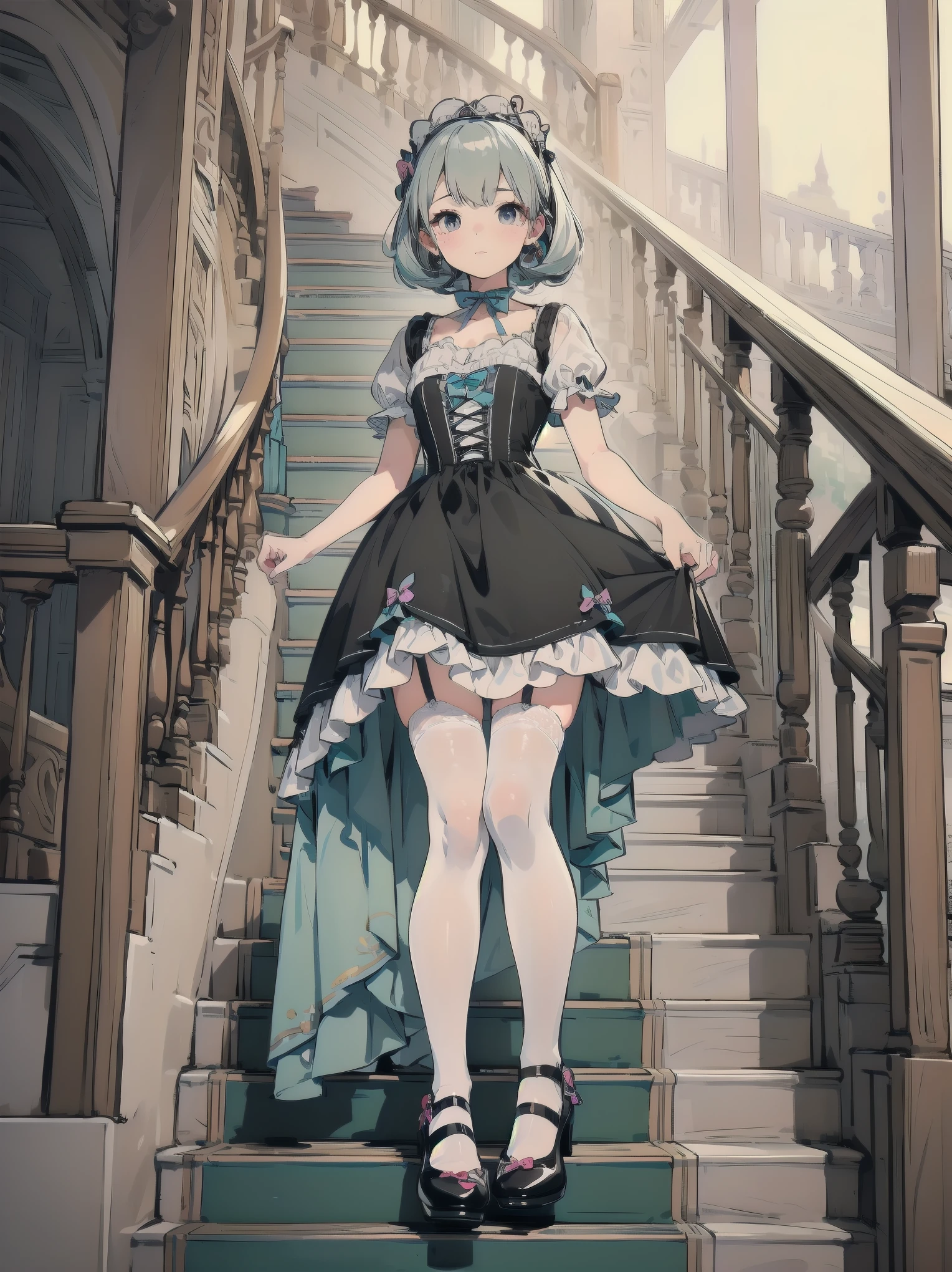 masterpiece, one person, very beautiful, cute, adorable, shy, one person, look at the viewer, look up, kawaii tech, pastel colors, very beautiful, cute, adorable, shy, less revealing pretty dress, ruffle, lace, ribbon, corset, black tights, Cinderella's shoes