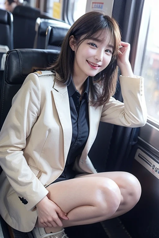 Best Quality, masterpiece, Ultra-high resolution, (reality: 1.4), Original photo, One Girl, Mature, White JK uniform, Happy smile, , Squatting on a train seat,  Cinema Lighting