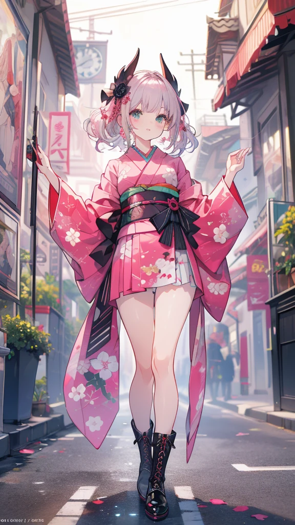 (((Best Quality,Very detailed,masterpiece,Very detailed))),Pink Kimono (Gothicta:1.2),Emerald Eyes,Alone,Around town,Daily Clippings,Full Shot,((Wide Shot)),Lace-up boots