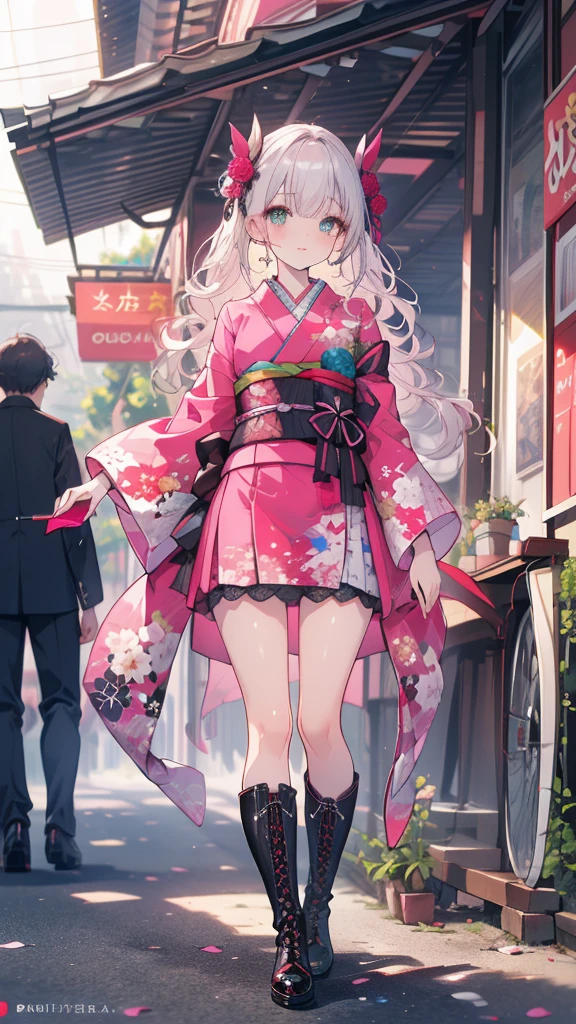 (((Best Quality,Very detailed,masterpiece,Very detailed))),Pink Kimono (Gothicta:1.2),Emerald Eyes,Alone,Around town,Daily Clippings,Full Shot,((Wide Shot)),Lace-up boots