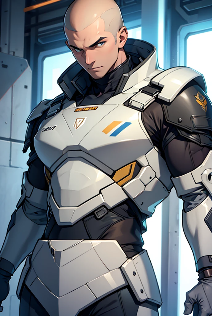18 year old cybernetic guy detailed muscles realistic masterpieces full figure pose (best quality,ultra-detailed), brown hair, blue eyes, fair skin, fit body, slim figure, (cocky expression), wearing mobile battle spacesuit