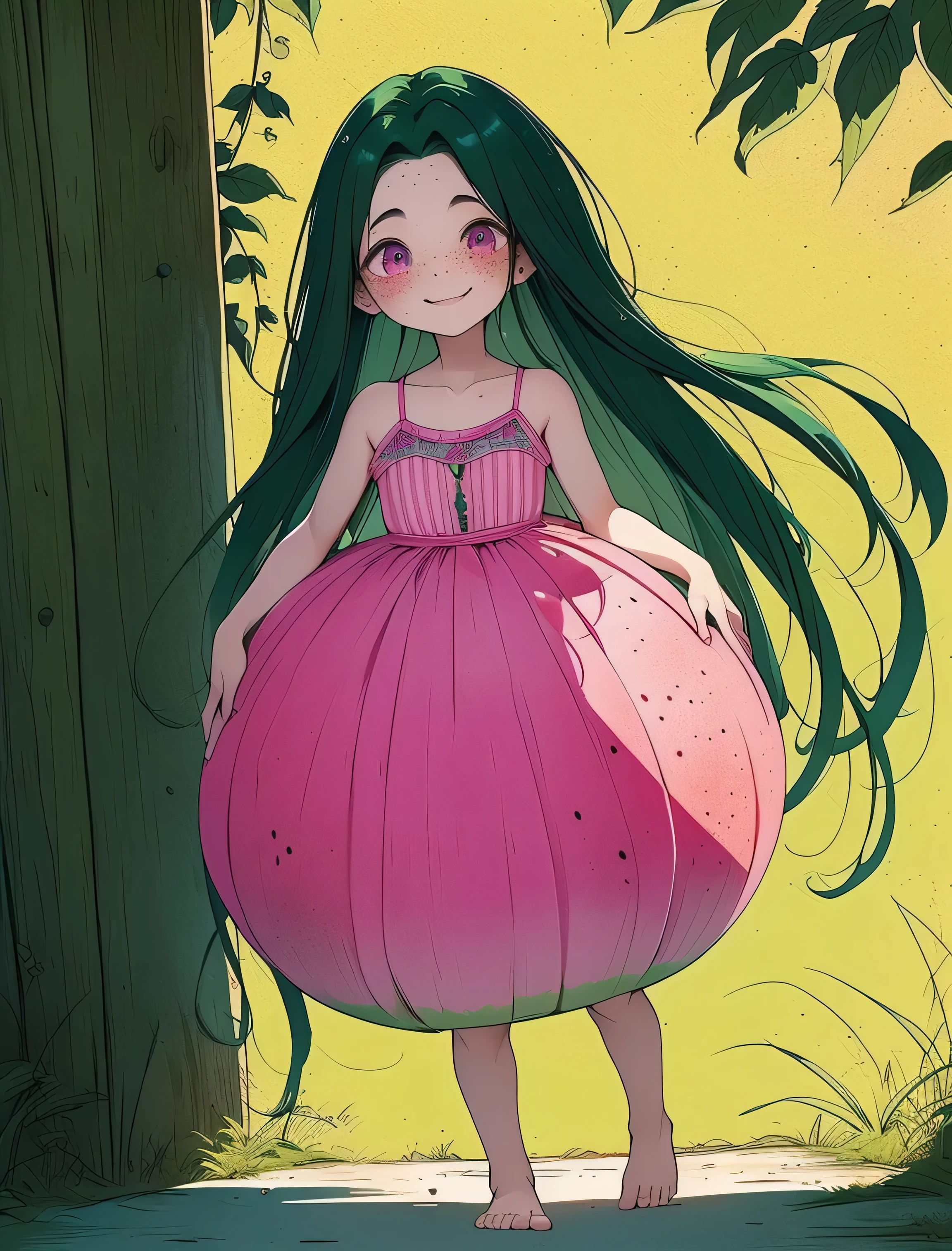 (masterpiece, high-quality, Mystical, ideal ratio of body proportions), (ultra high resolution, 8K, 16k, natural lighting, textile shading), (1 beautiful anime girl:1.3, solo:1.5,), alone, shiny skin, BREAK, 1girl, watermelon girl, (((dark green hair))), multicolored hair, two-tone, dark green amd black hair, (((freckles))), watermelon striped dress, pink and green dress, (((pink eyes))), barefoot, ((inbalance posture)), fantastic colorful art, (fantasy image:1.2), ((correct anatomy:1.5, perfect anatomy:1.3, correct hand, small foot:1.2)), (((walking))), small chest, happy expression,