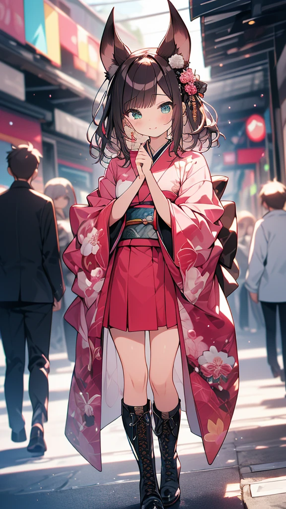 (((Best Quality,Very detailed,masterpiece,Very detailed))),Pink Kimono (Gothicta:1.2),Emerald Eyes,Alone,Around town,Daily Clippings,Full Shot,((Wide Shot)),Lace-up boots