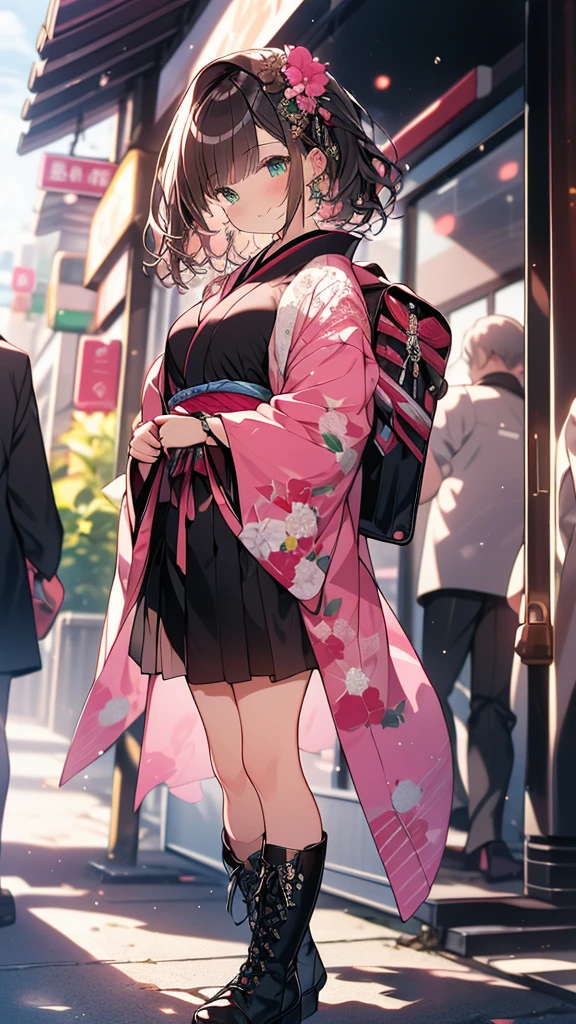 (((Best Quality,Very detailed,masterpiece,Very detailed))),Pink Kimono (Gothicta:1.2),Emerald Eyes,Alone,Around town,Daily Clippings,Full Shot,((Wide Shot)),Lace-up boots