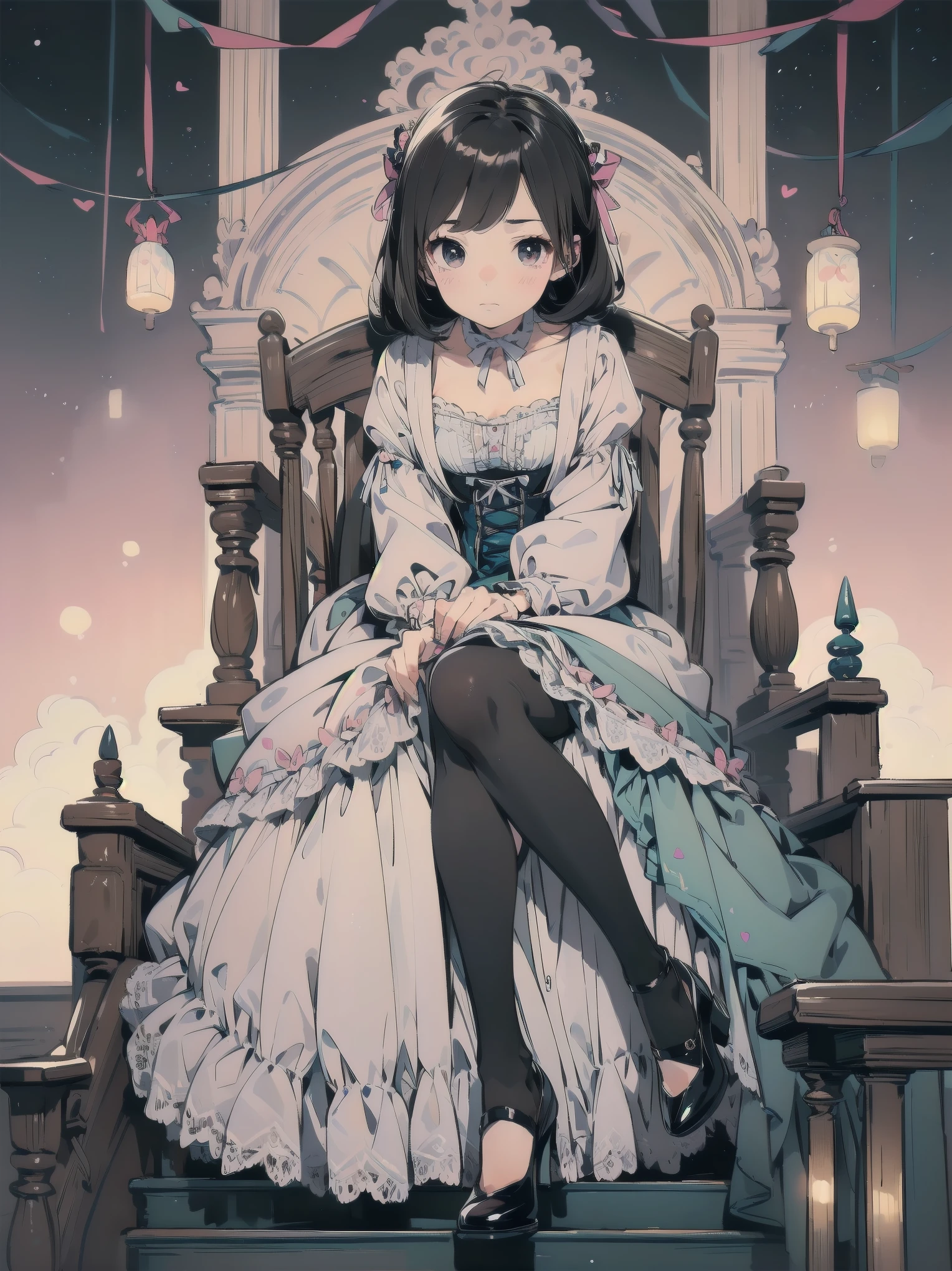 masterpiece, one person, very beautiful, cute, adorable, shy, one person, look at the viewer, look up, kawaii tech, pastel colors, very beautiful, cute, adorable, shy, less revealing pretty dress, ruffle, lace, ribbon, corset, black tights, Cinderella's shoes