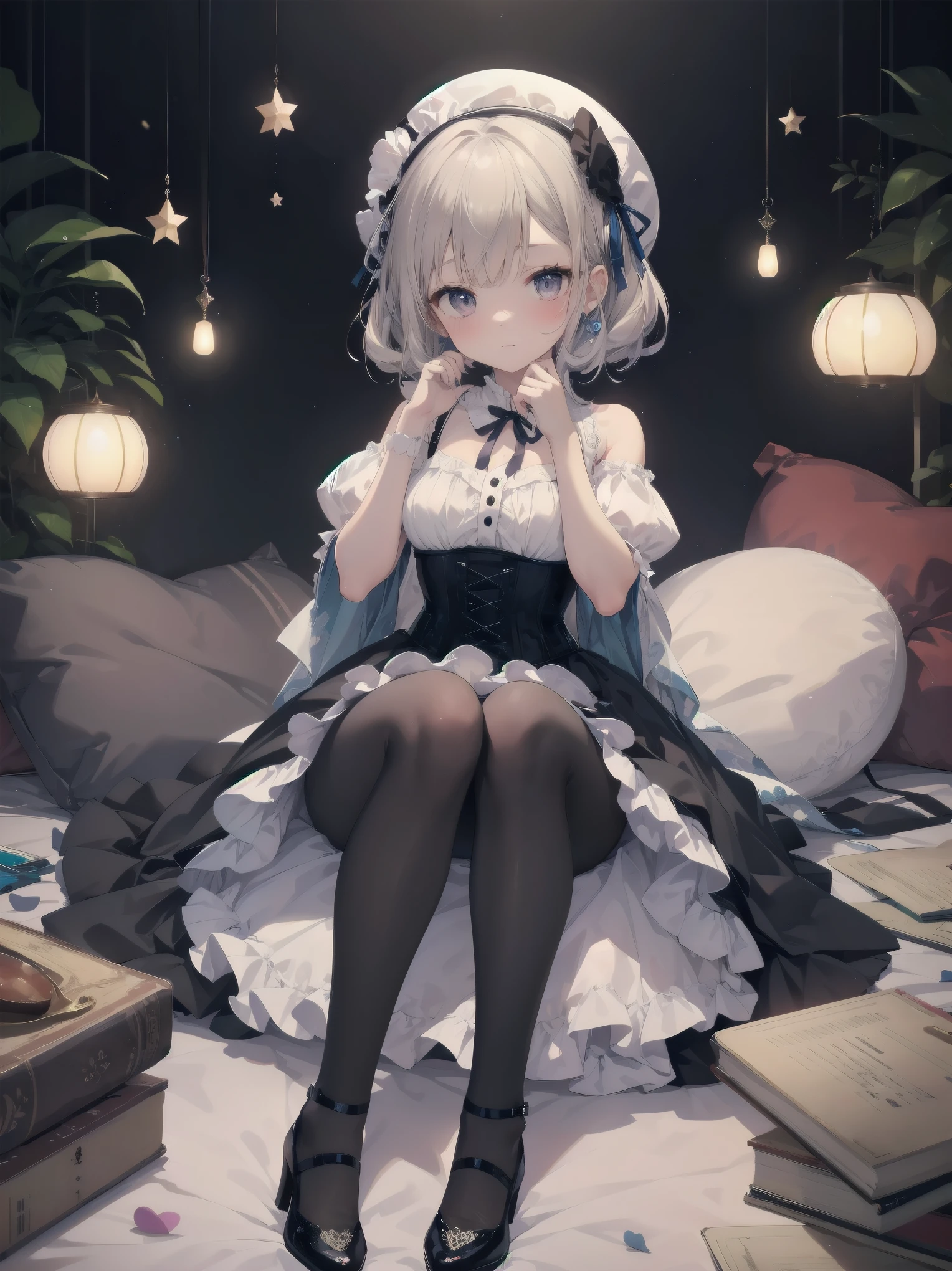 score_9, score_8_up, score_7_up, score_6_up, <lora:caoXL_P6_lokr_V2233:0.95> 1girl, pantyhose, book, no shoes, solo, white pantyhose, blue eyes, long hair, white hair, gloves, book stack, window, box, looking at viewer, sky, indoors, gift, halo, night, star \(sky\), sitting, white gloves, knees up, starry sky, dress, curtains, wing hair ornament, bangs, full body, night sky, hair ornament, envelope, feet