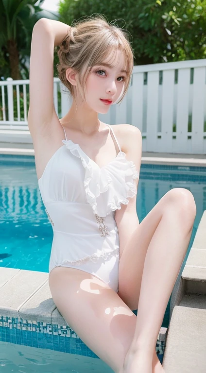 best qualtiy、Photorealsitic、8K、hight resolution、 1 人、femele、(Dents in the skin)、(portlate:0.6)、a gorgeous、((Poolside background:1.8))、((small round breasts))、Direct View Viewer:1.8、(One Girl Eyes Looking at Viewer、medium lenght hair、Brown hair、Parted bangs:1.65)、Photorealsitic、(Bokeh)、(a closed mouth:1.46)、a gorgeous、pureerosface_v1、((fullnude))
