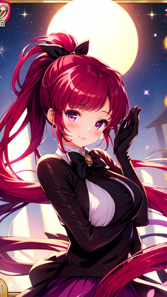 asamikei, (masterpiece, Highest quality, beautifully、aesthetic:1.3), 1girl, alone, college age, (Hourglass figure:1.1), (cute smile:1.1), (Silvery red purple hair with reddish red streaks:1.4), (Gradient red purple hair tip:1.6), hair, Ridiculously long hair, Single Side Lock, Wavy Hair, Shiny Hair, Floating Hair, (Deep red eyes), Delicate eyes, red eyes, Very fine eye, Long upper eyelashes, compensate, Focus on the face, Very detailed facial, Pretty face, Perfect breasts, Hot body, (Delicate skin texture:1.2), cute, blush,  BREAK haneoka meimi, bow,ribbon,(((black elbow gloves:1.3))), (((black_shirt:1.3))), (((pink skirt:1.2))), ((black gloves)),((black pantyhose:1.1)),((black bowtie:1.1)), cobblestone road at night, ((wariza:1.1), ((She closes one eye and smiles as she blows a kiss to the viewer:1.3)), (close one eye:1.2), (Accentuate your breasts)),Very detailed, gravure, (cinematic angle:1.1), ((two hands)), ((two arms))