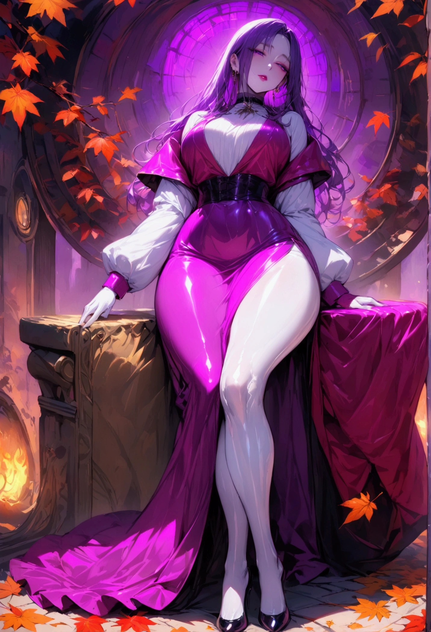 Young beautiful woman,(Best Quality,Extremely detailed depiction,Incredibly absurd high definition,Anatomically accurate,Curvy Legs,Detailed pupil,Shiny skin,Porcelain-like skin),(Chic color autumn clothes,Long skirt,tights),eyelash,(Purple Eyes,Half-closed eyes:1.5,A seductive smile,Glossy lips,Flashy makeup,Seductive gestures,Mouth open),whole body:1.3,Healthy painting:1.3